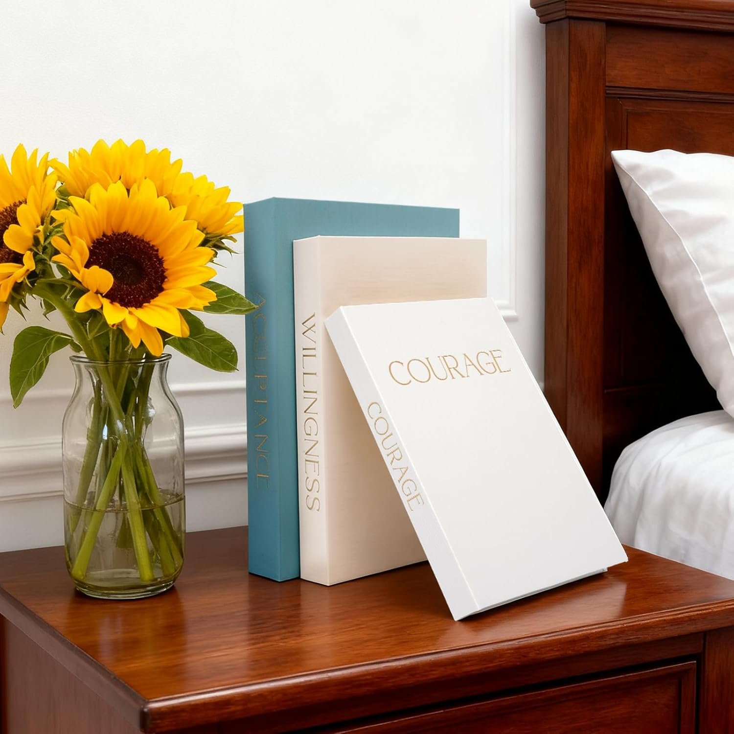 Decorative Books for Home Decor: 3 Hollow Linen Faux Books with Hidden Storage, The Growth Triad for Acceptance, Willingness & Courage | Energy Gift for Coffee Table & Bookshelf