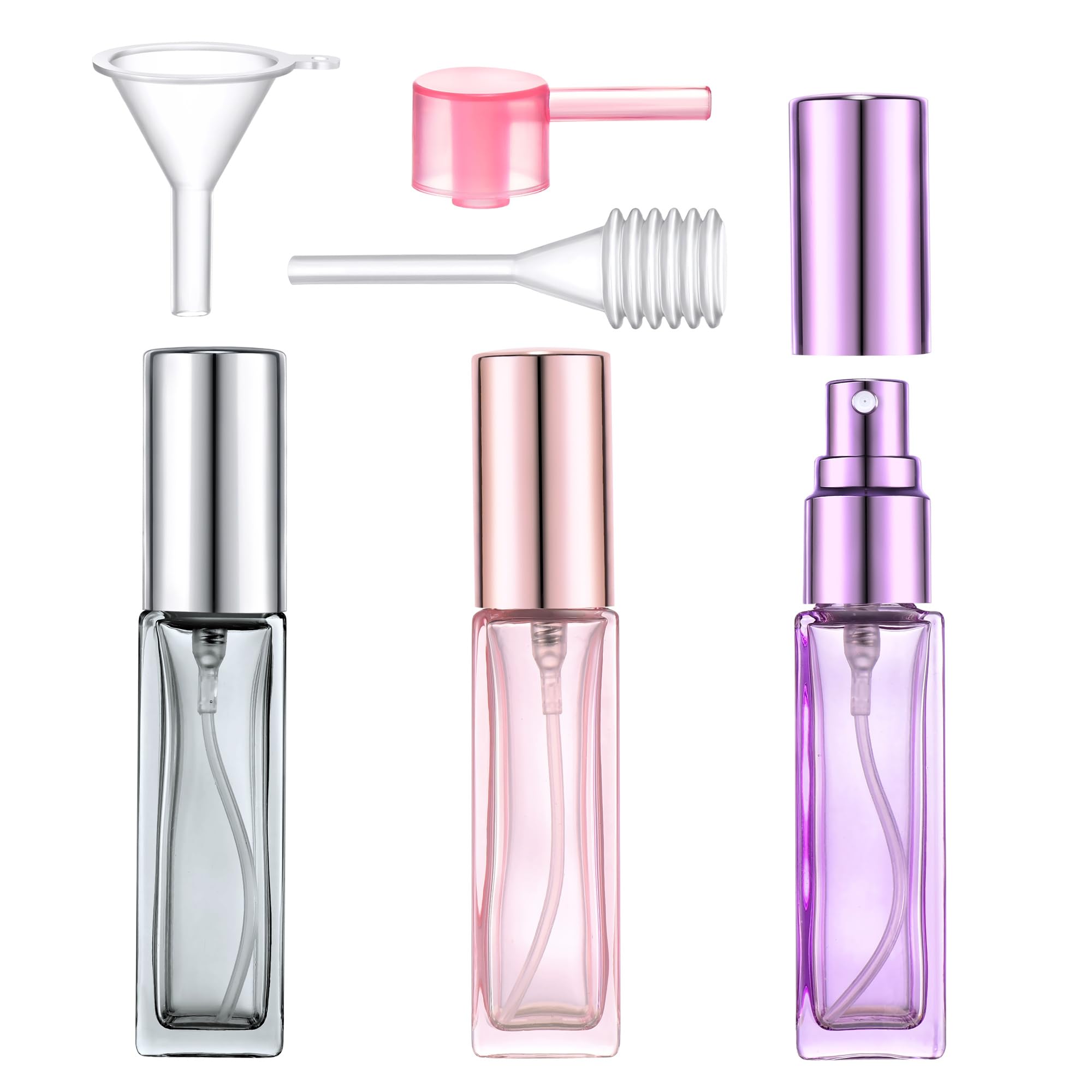 Yikimyfo 3Pcs-9Ml(Pink+Purple+Grey) Glass Refillable Perfume Bottle, 3 Pcs 9Ml/0.3Oz Travel Perfume Atomizer Fine Mist Spray Bottles Small Cologne Sprayer Leak-Proof Perfume Bottles Empty Perfume Container With Tool