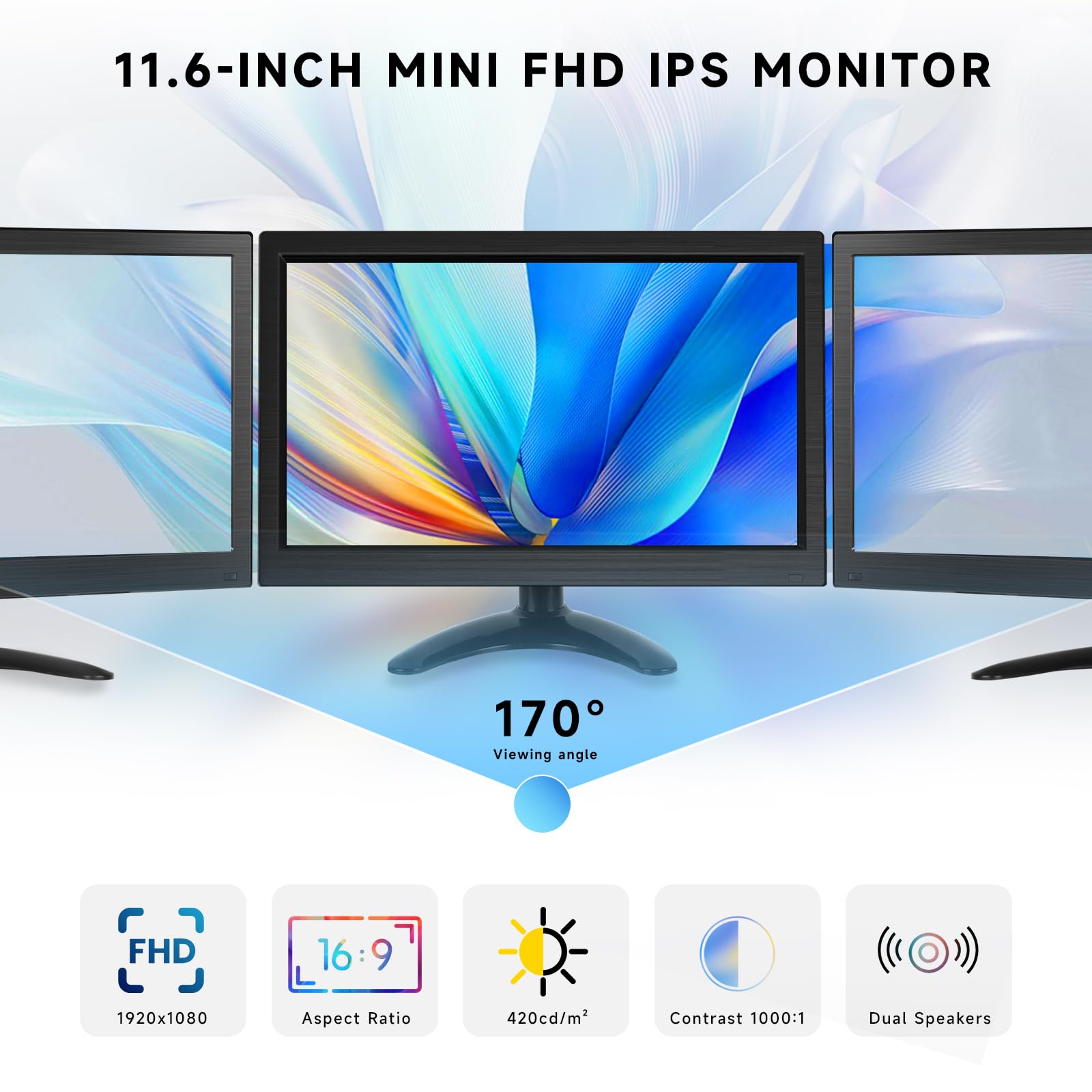 podofo Monitor portatile da 11,6 pollici 1920 * 1080P HD LCD, Mini Monitor per PC, sorveglianza, computer, Raspberry Pi con HDMI/VGA/BNC/AV/Altoparlante integrato/VESA, 12-24V