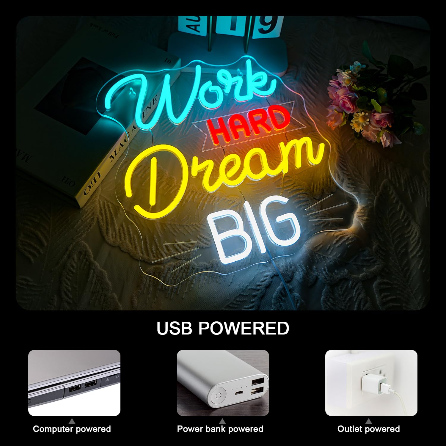 Looklight Work Hard Dream Big Neon Light Sign, Neon Signs for Wall Decor LED Sign USB Powered - Image 4