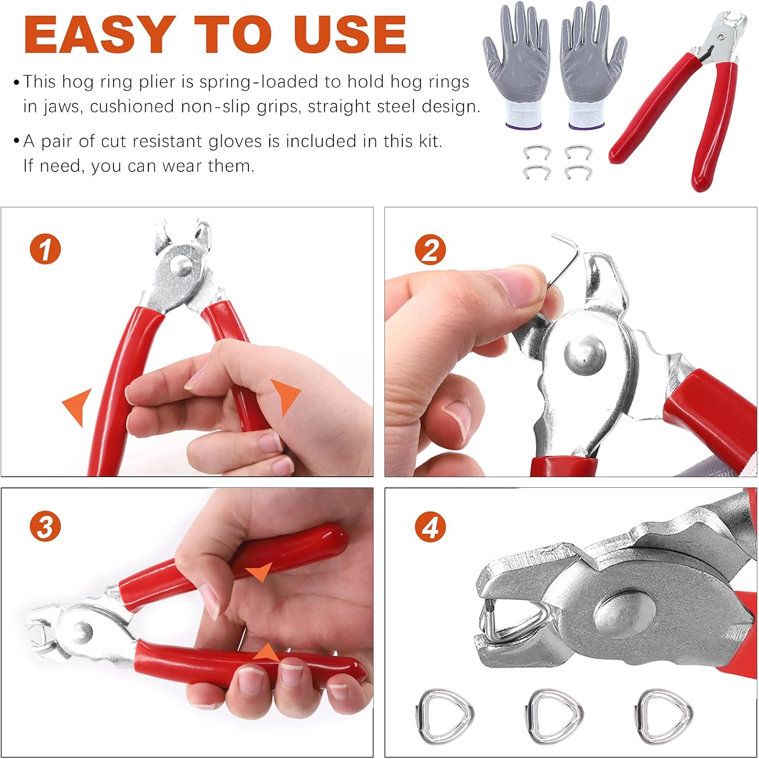 Tanstic 1001Pcs 3/8'' Hog Rings and Hog Ring Plier Kit, 1000Pcs Galvanized Hog Rings and Hog Ring Plier with Cut Resistant Gloves for Bungee, Animal Pet Cages, Bagging, Fencing and Furnitures