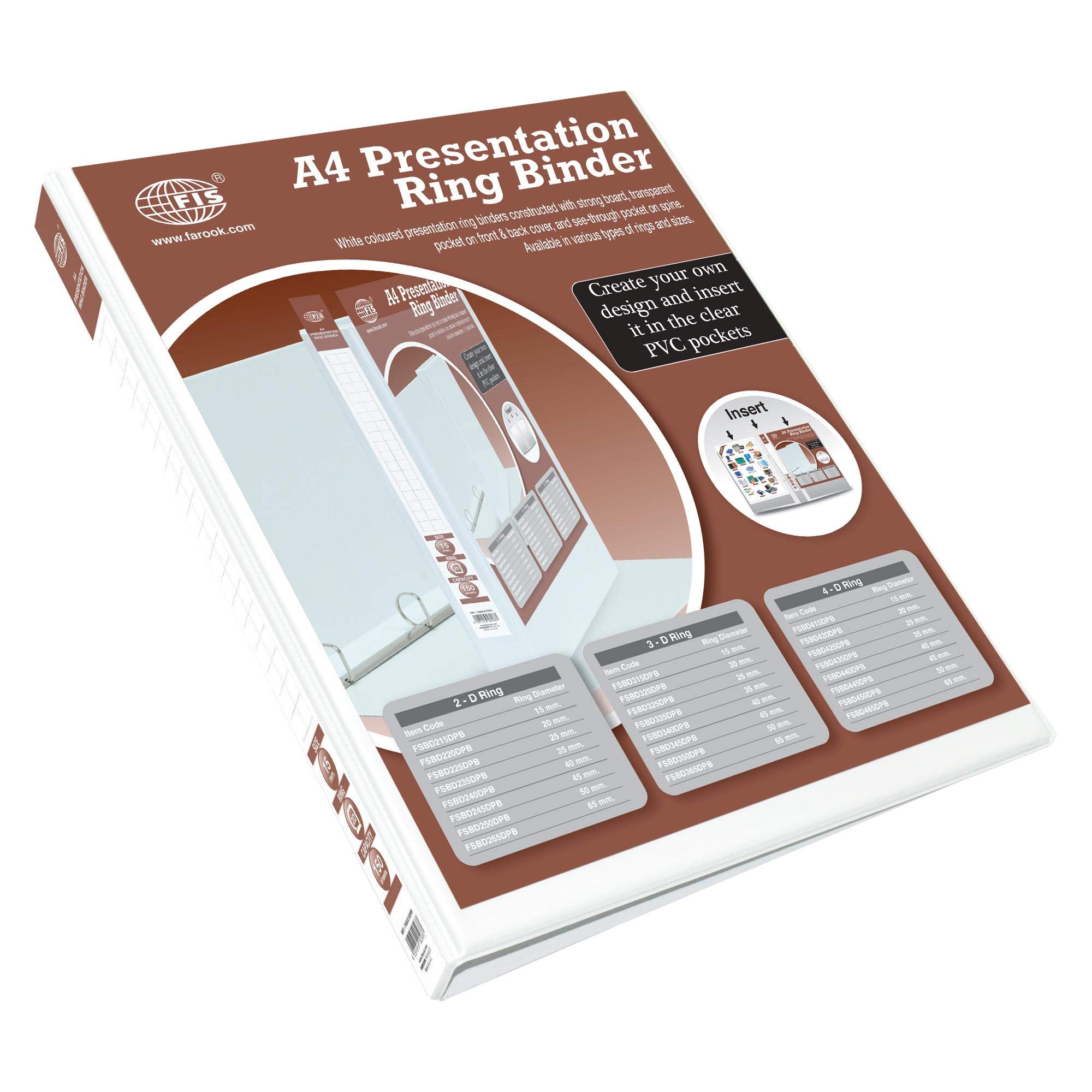 FIS® Presentation Binder, A4 Size(210x297mm), 2[D]Ring Type, 15mm Ring Size, 1.25" Inches Spine with Clear PVC Pocket For Easy Insert Your Label Design, 1 Piece, White Color-FSBD215DPB