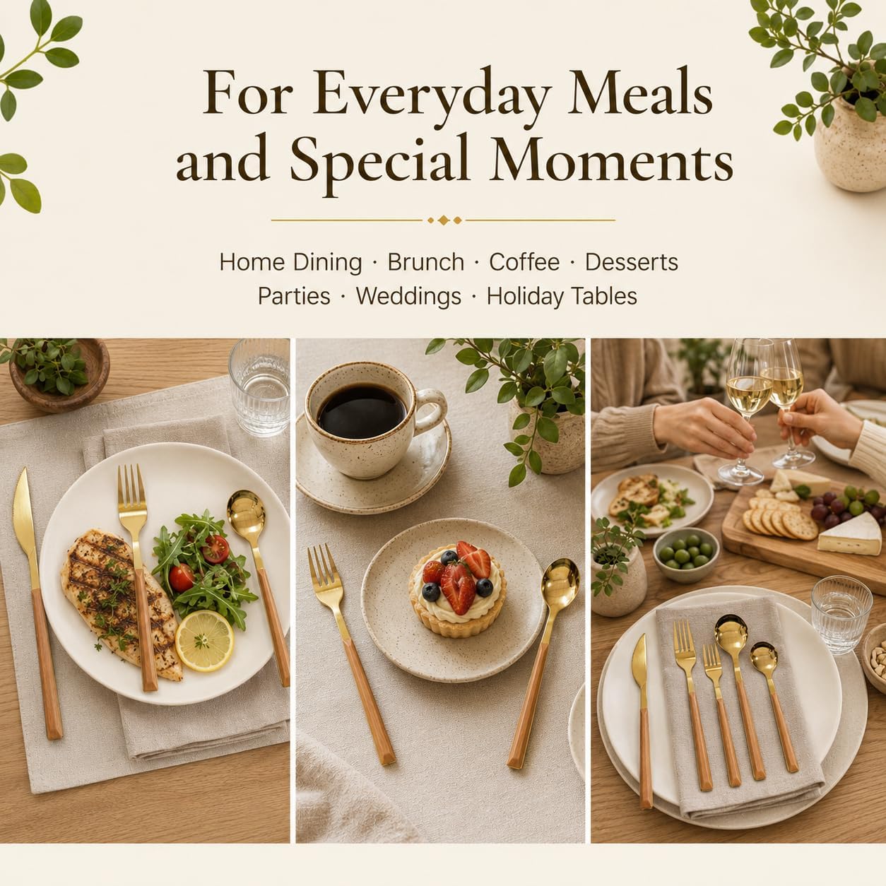 5-Piece Gold-Tone Flatware Set For 1, Faux Wood Grain Handles