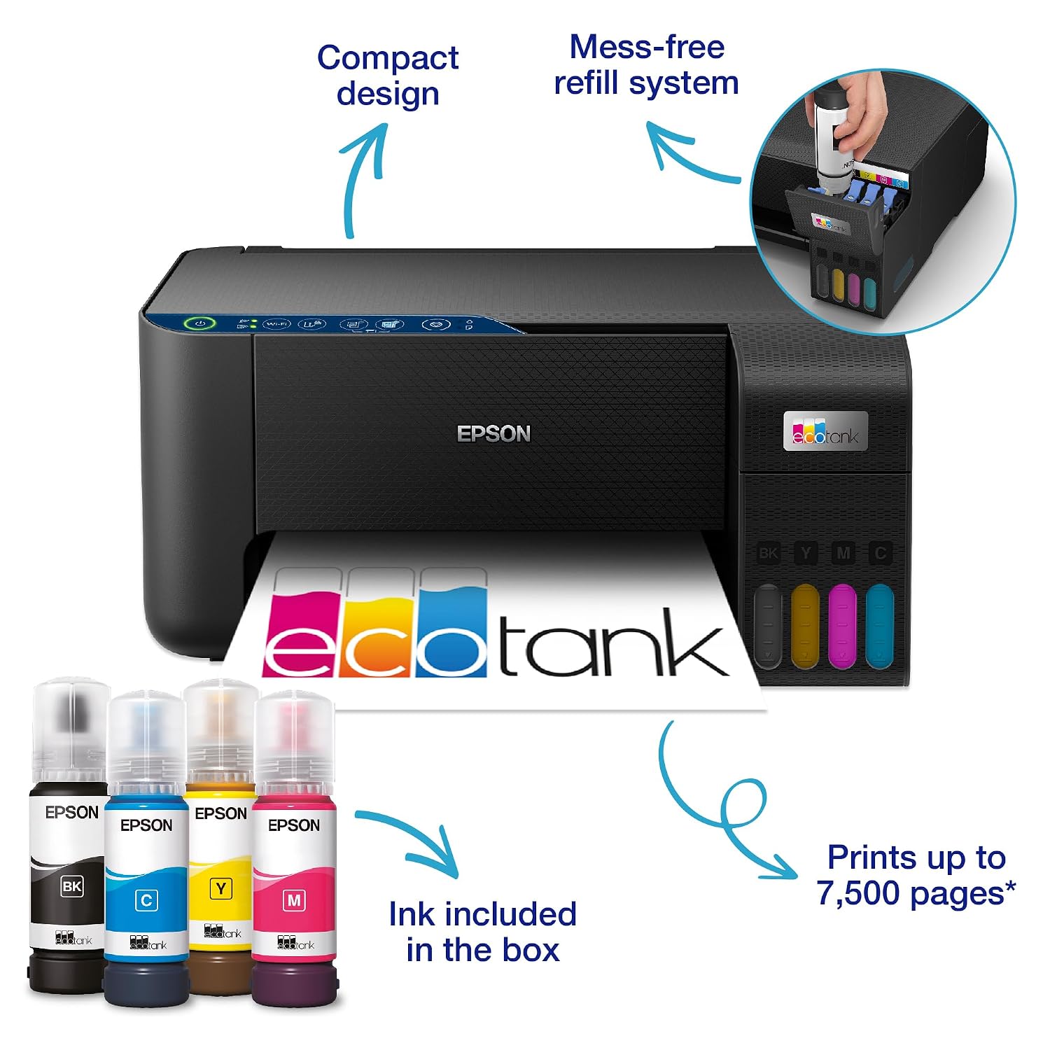 Epson EcoTank ET-2861 A4 Multifunction Wi-Fi Ink Tank Printer, With Up To 3 Years Of Ink Included , Black - Image 2