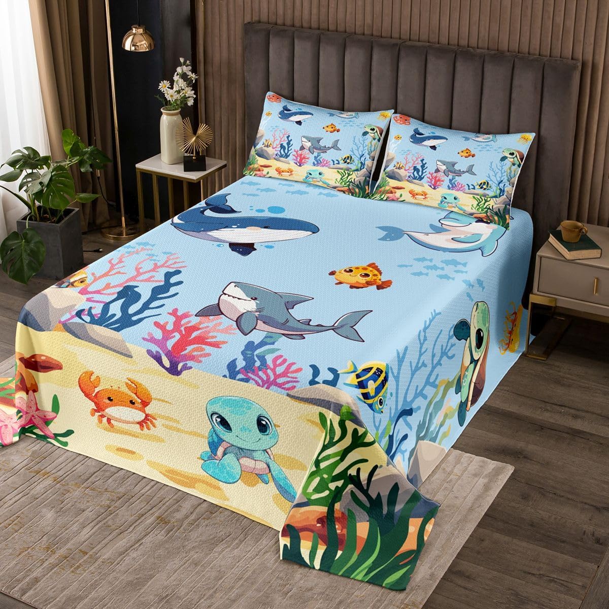 Castle Fairy Dinosaur Shark Quilt Sets Twin Size,Ocean Animals Bedspread Coverlet 2Pcs for Kids Girls Boys Room Decor,3D Wild Dino Quilts Set Blue Sea Waves Bedding Comforter,1 Pillowcase