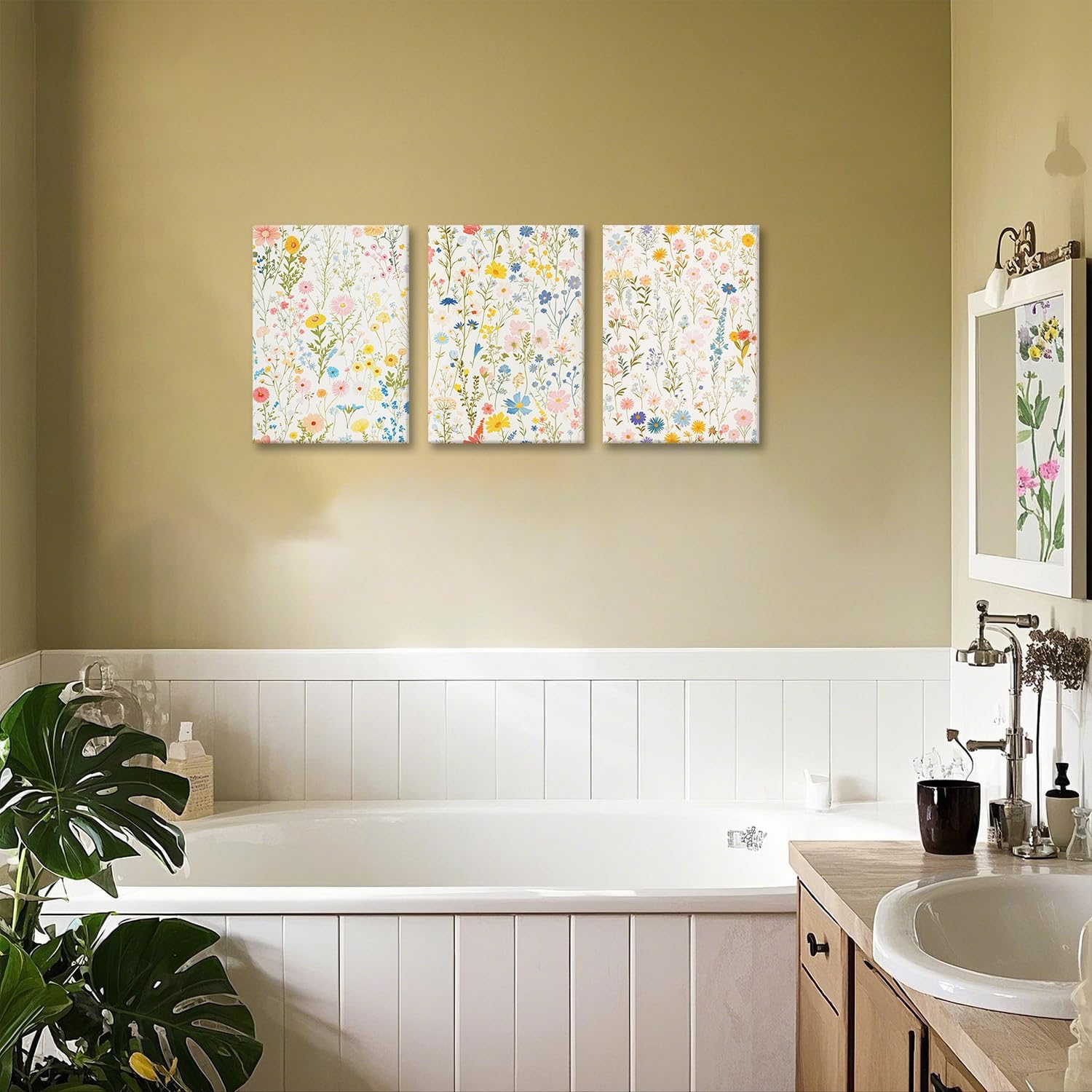 ZQARTZZQ Framed Colorful Wildflower Canvas Wall Art, Floral Wall Art, Watercolor Flower Wall Decor Flowers Pictures Prints Floral Painting Set of 3 for Living Room Girls Bedroom Bathroom