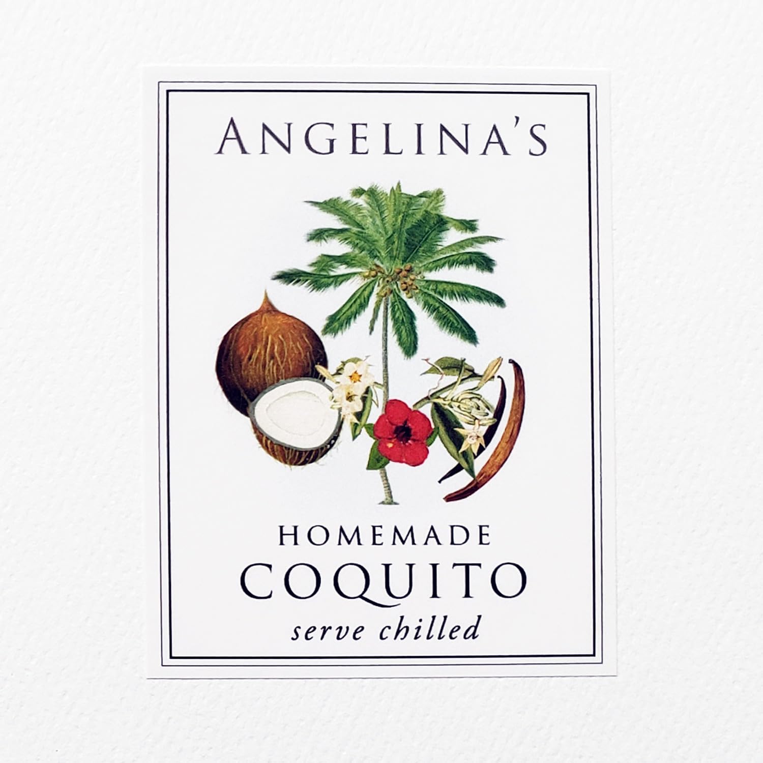 Personalized COQUITO (Hibiscus) Labels with Graphic of Coconut, Vanilla Bean, Palm Tree and Hibiscus - Sets of 18 Labels (2" Round)