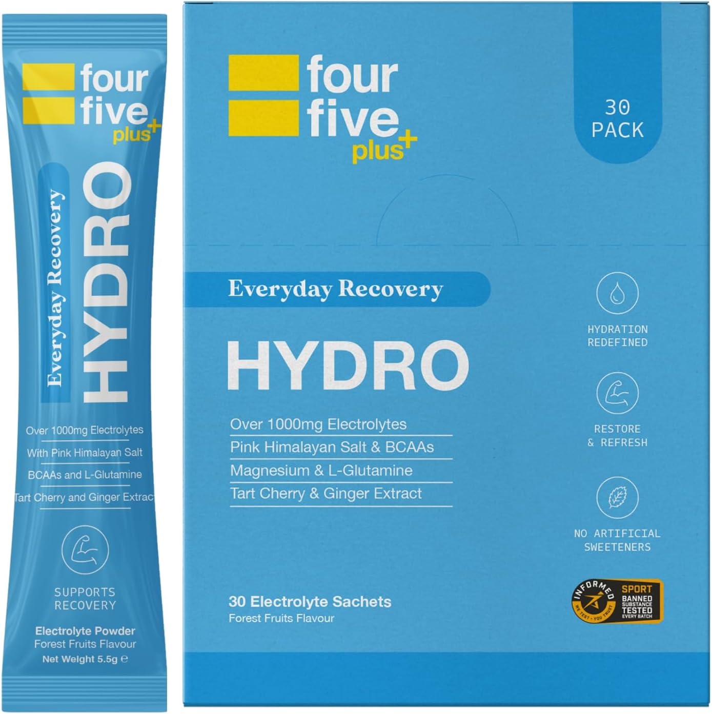 fourfive Hydration Sachets (Recovery Blend) Hydro Electrolytes Powder with Vitamins, BCAAs & Cordyceps, for Enhanced Recovery – Forest Fruits, 30 Sachets