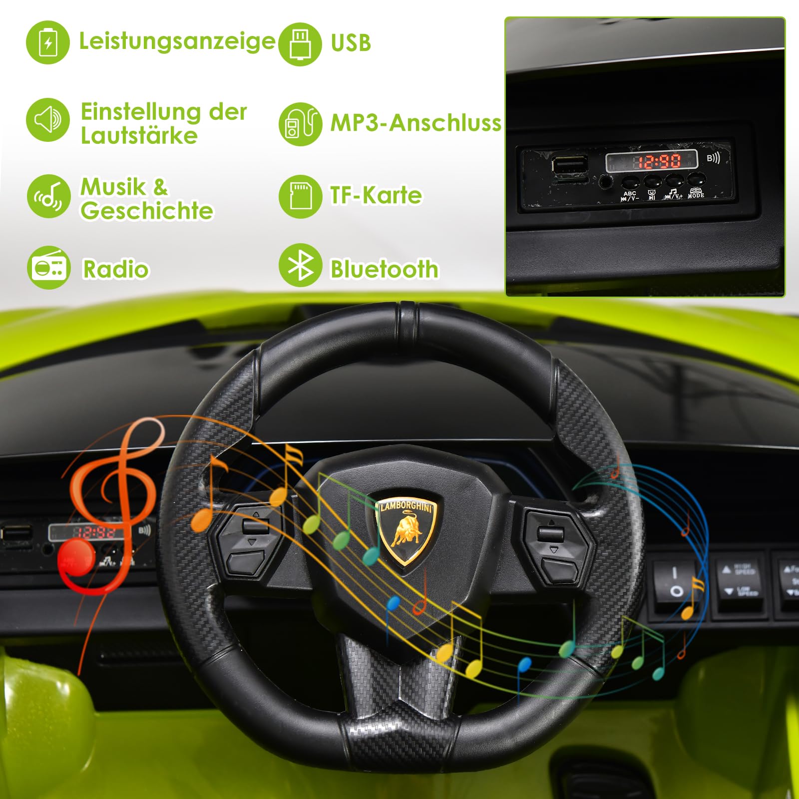 DREAMADE Kinder Elektroauto 12V mit 2,4 Ghz Fernbedienung & Sicherheitsgurt, Kinderauto, Kinderfahrzeug mit Licht & Musik & Hupe, Elektrofahrzeug für Kinder ab 3 Jahre (Grün)