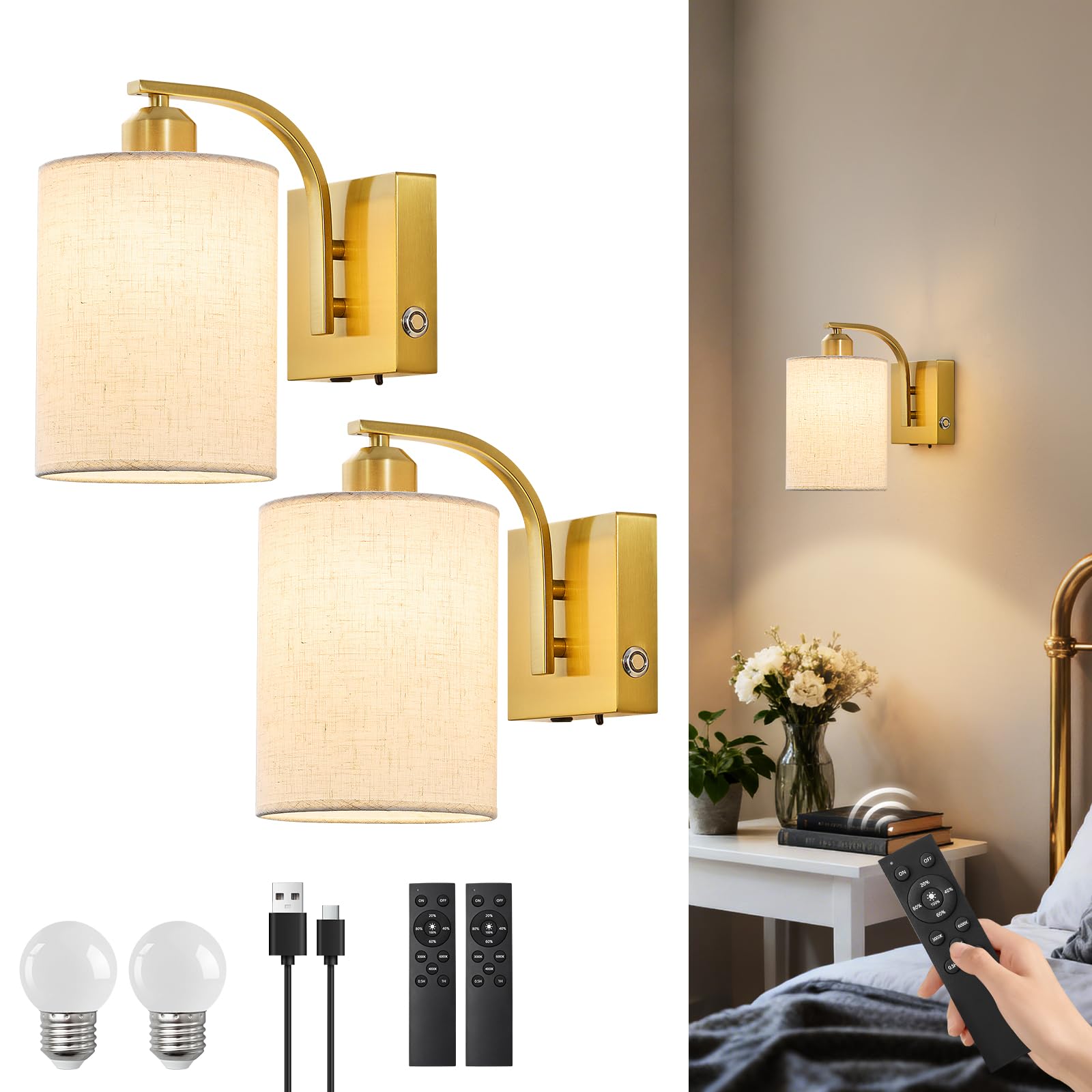 Photo 1 of Powfloven Rechargeable Wall Sconces Set of 2, 12000mAh Gold Dimmable Wireless Battery Operated LED Wall Lights with Remote, Cordless Wall Lighting Lamp Fixture for Bedroom Living Room