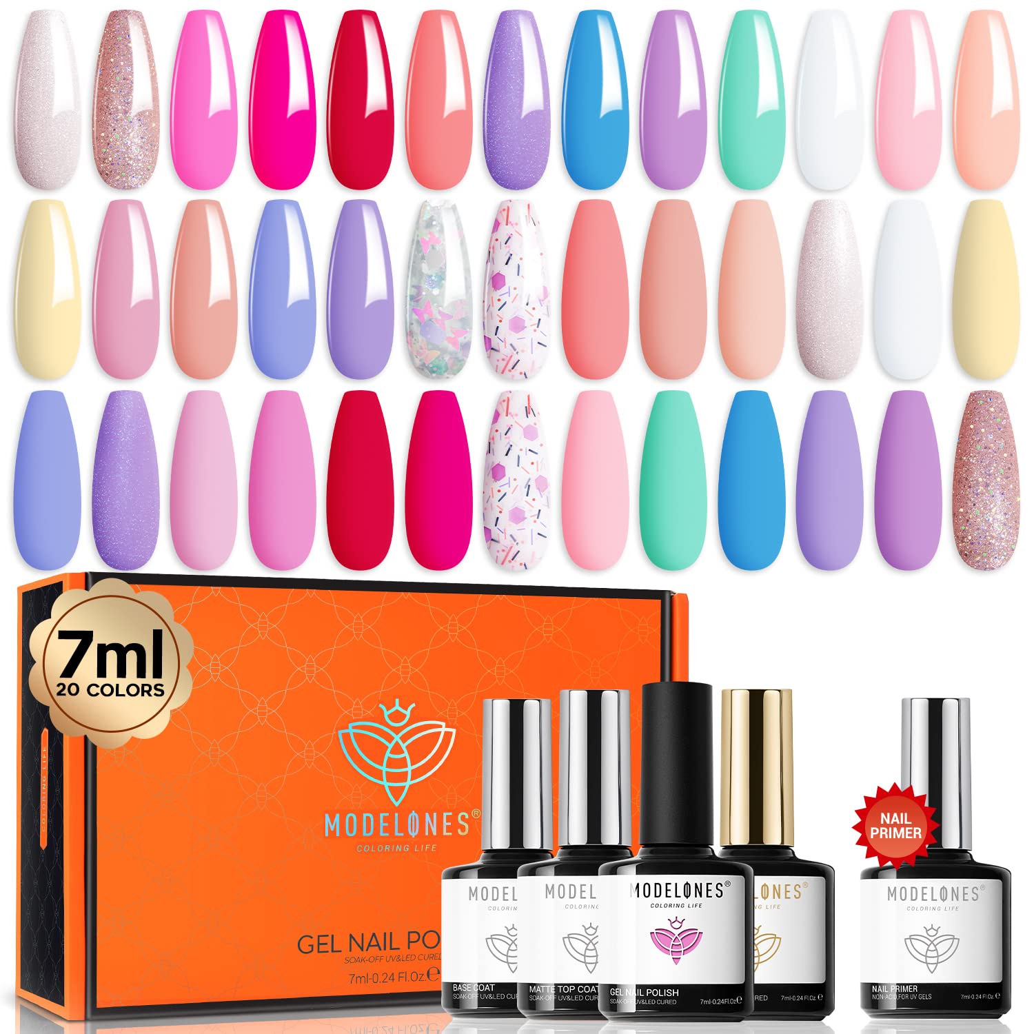 modelones 24Pcs Neon Gel Nail Polish Set, 20 Colors Rainbow Gel Polish Set with Glitter & Glossy & Matte Top + Base Coat Soak Off LED Nail Art Kit Salon at Home