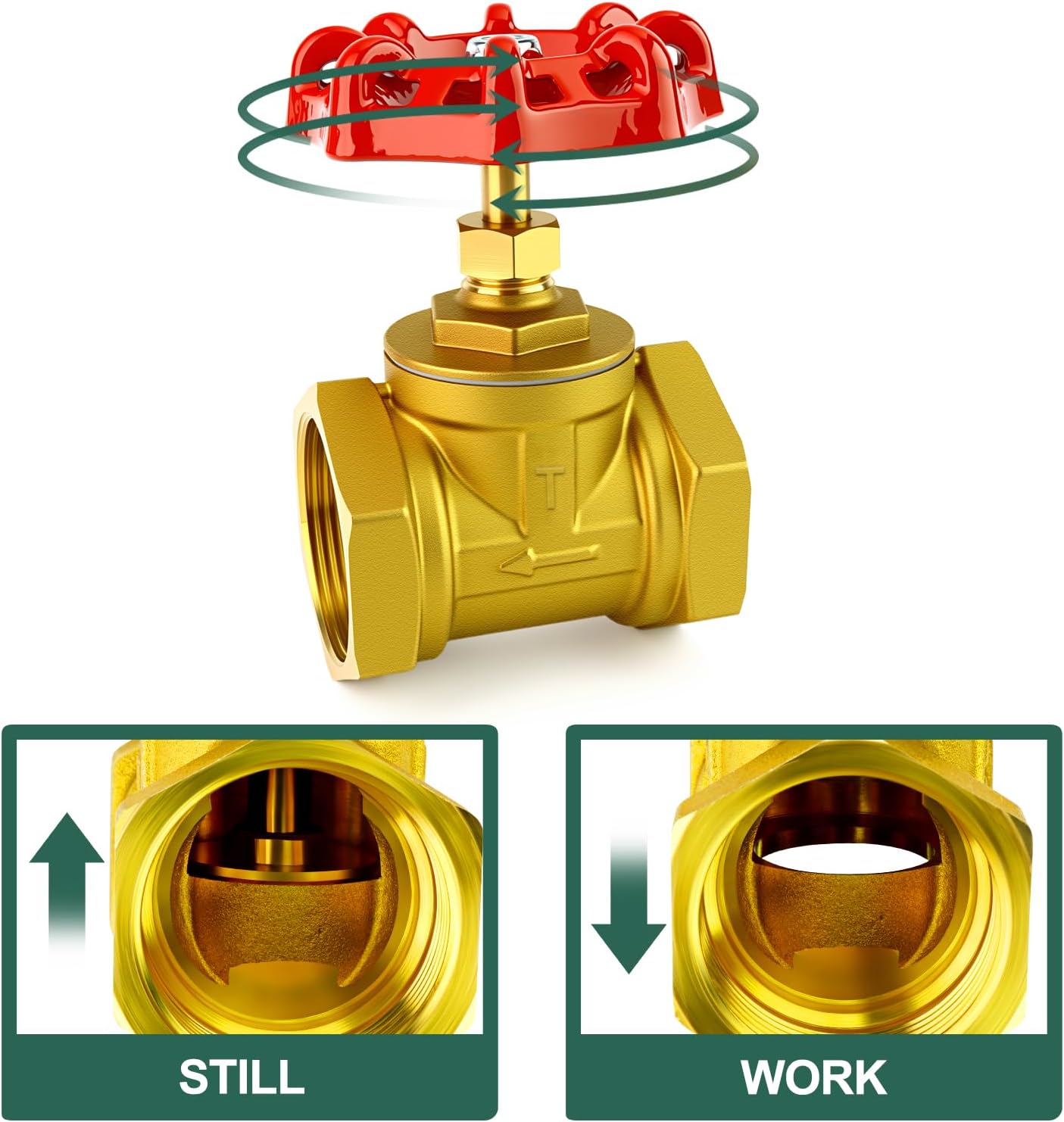 2" NPT Brass Gate Valve, Female x Female, with Wheel Handle, Heavy Duty Globe Valves Tool, for Fuel/Airl/Water/Gas/Oil (DN50)
