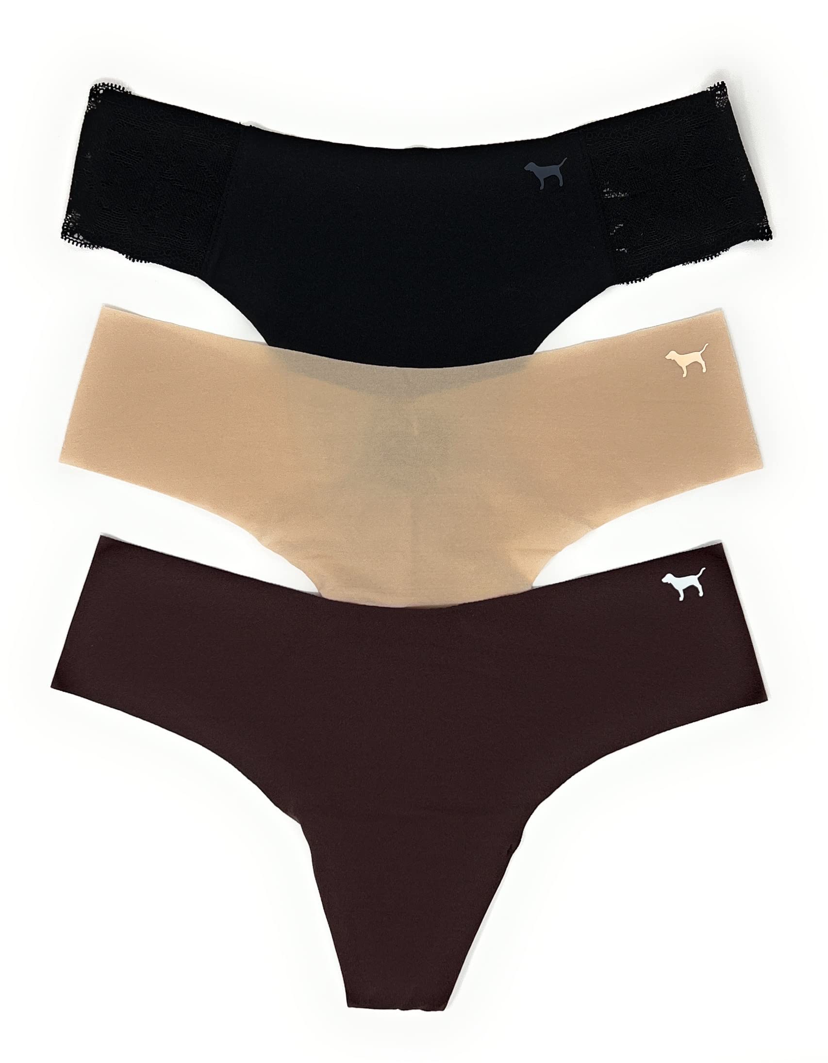Victorias Secret PINK Thong Panty Set of 3 Medium No-show Black Lace Nude Burnt Umber