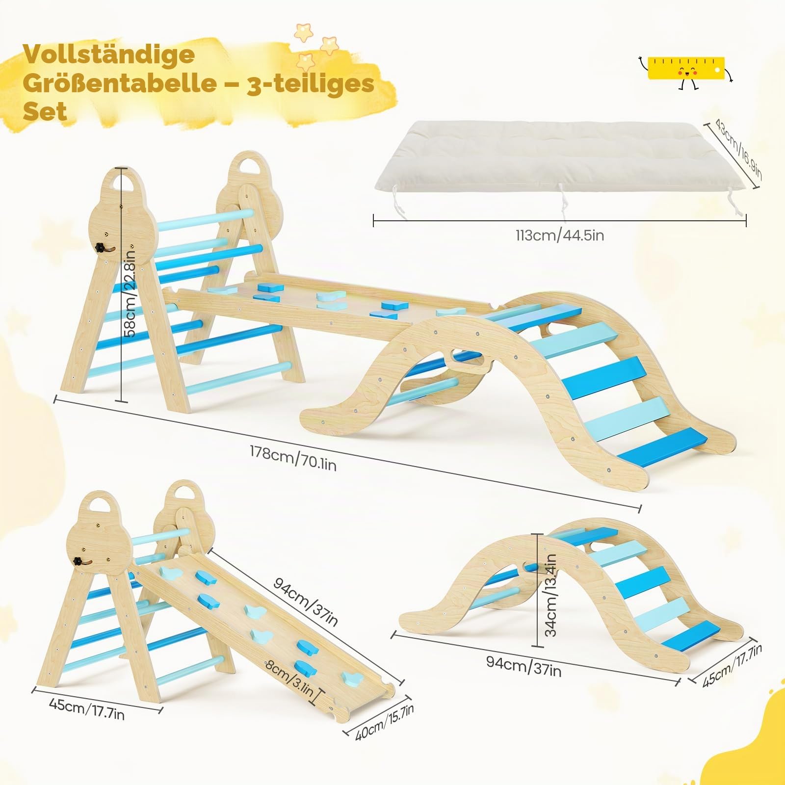 7-in-1 Montessori Klettergerüst Indoor, Kletterdreieck mit Rutsche & Kletterbogen, stabiles Holzkletterspielzeug mit Sicherheitsmatte, Indoor Spielplatz für Kinder ab 1 Jahr(Blau)