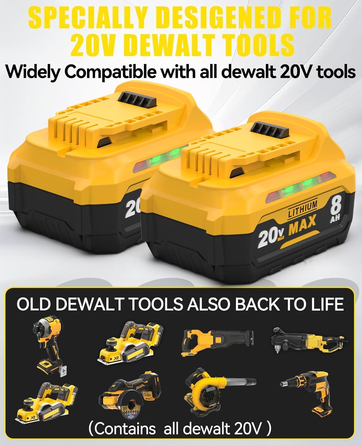4-Pack 8000mAh 20V Max Lithium-Ion Battery (Compatible with Dewalt) - Replacement for Models DCB201, DCB200, DCB206, DCB207 - Compatible with Dewalt 20V Max Cordless Power Tools and Chargers