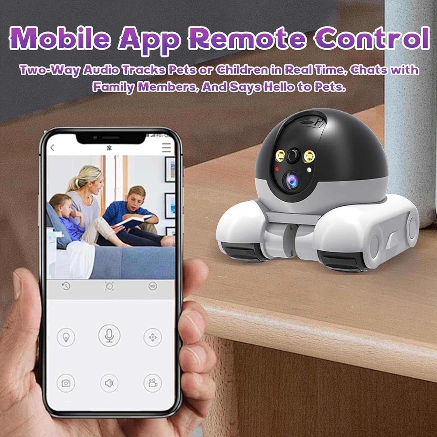 Robot de Cámara de Mascotas, Cámara de Seguridad Robot Wi-Fi Camera con Ruedas 1080P Doble Lens Control Remoto en Hogar Trabajo Mascotas