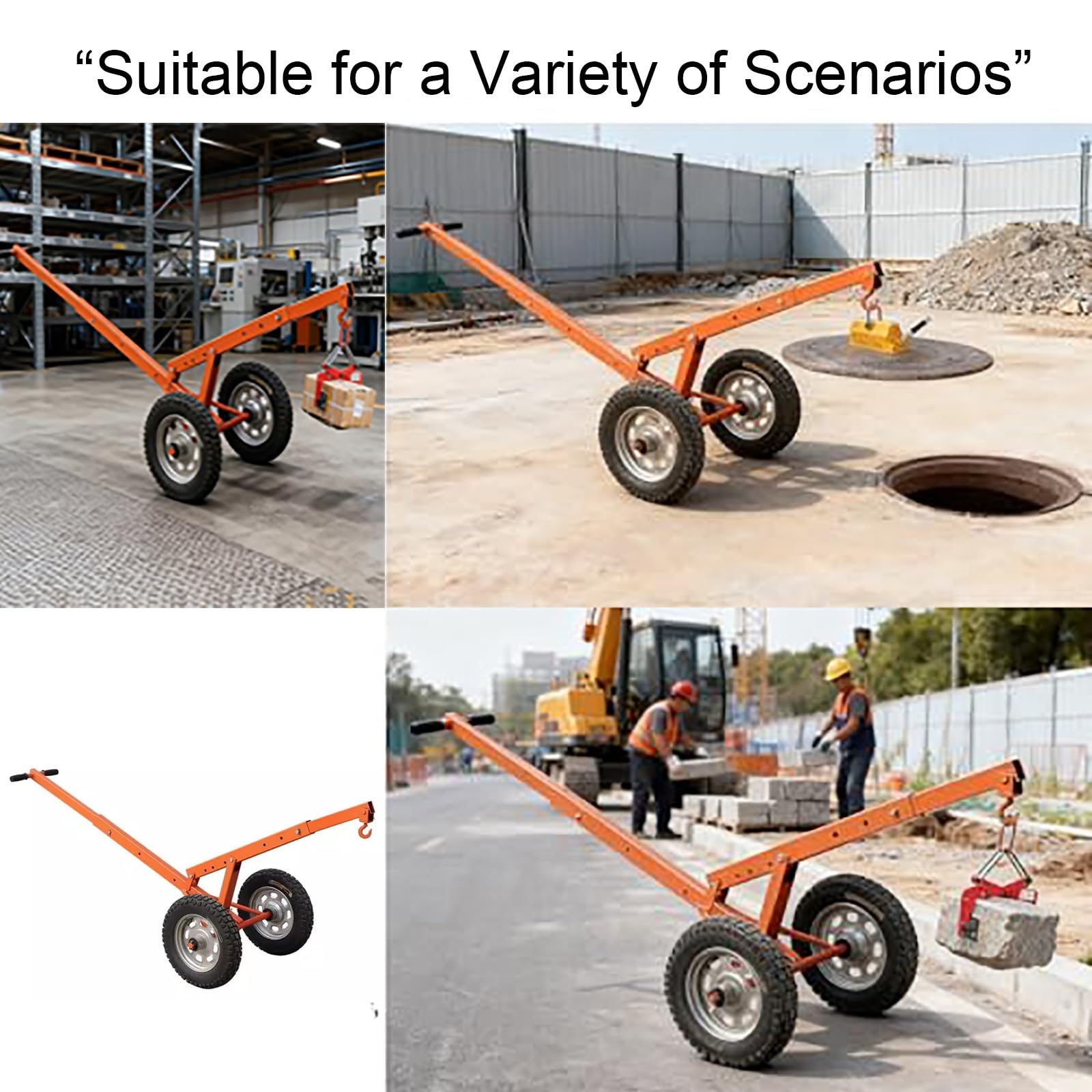 Carrello di Sollevamento Manuale in Acciaio Regolabile, Sollevamento Chiusino Stradale con Pneumatici da 40 cm, per Cordoli e Cantieri Edili