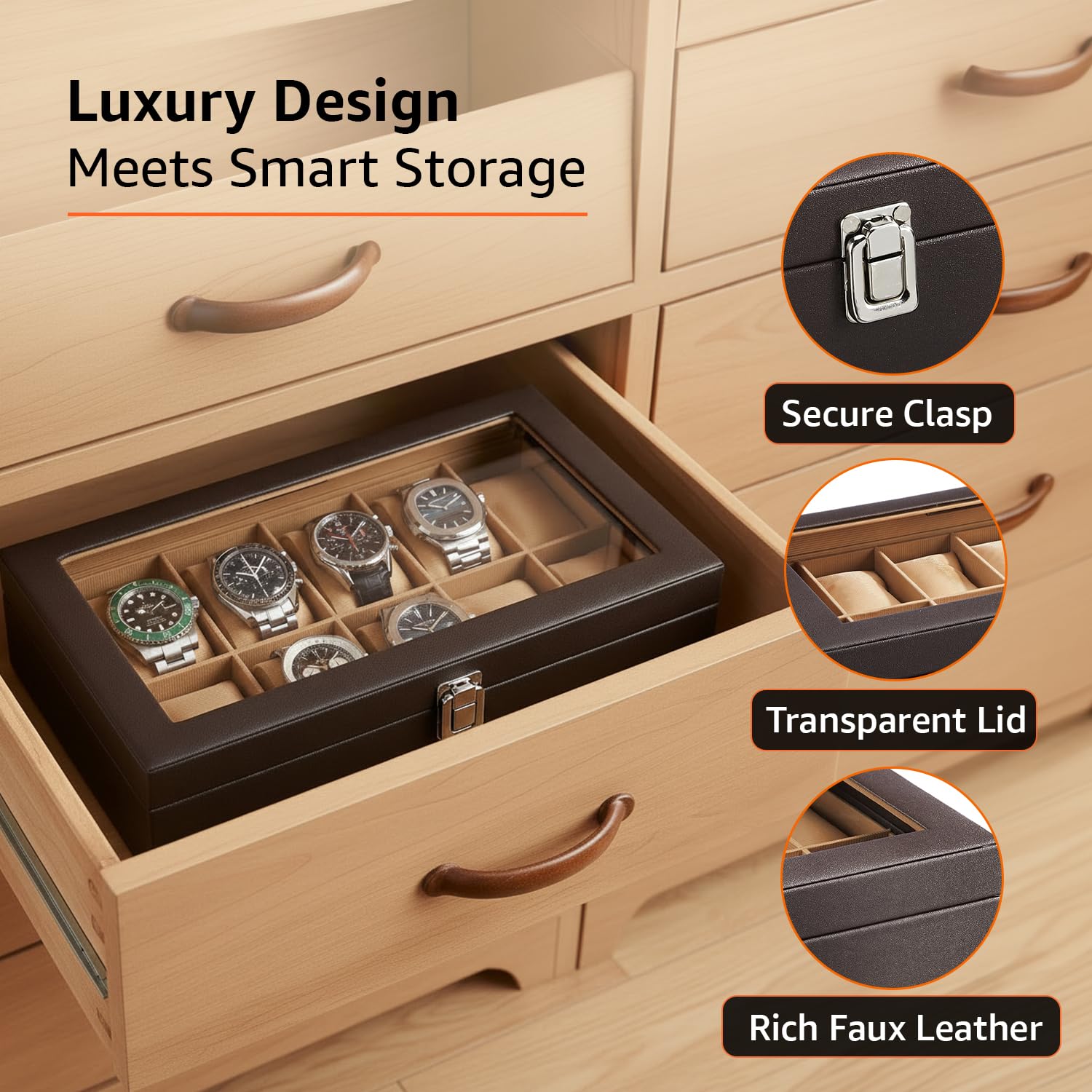 Unisex Faux Leather Watch Organiser Box with 12 Slots |Watch Organiser with Transparent Lid |20.5D X 33.5W X 8H cm | Brown 1