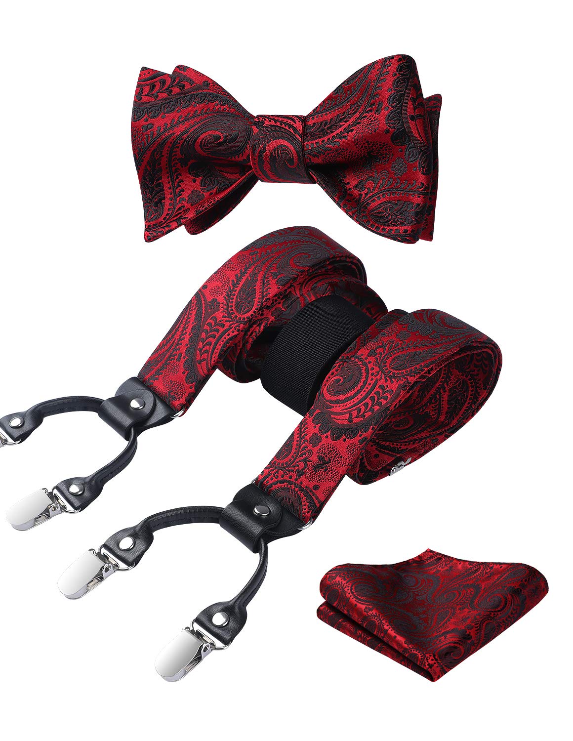 HISDERN Bretelles pour Hommes avec de tres fortes 6 Clips Heavy Duty Y Suspenders Style Reglable Jarretelle Papillon Mouchoir Set