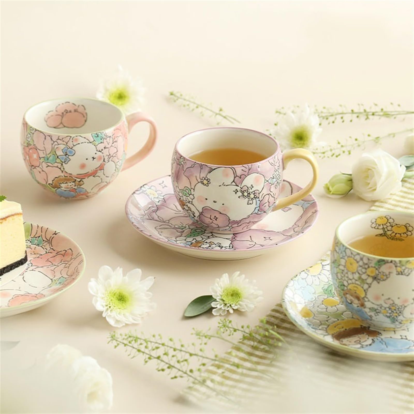 Mug Ensemble de Tasses à café et soucoupes en céramique, Tasses à thé de l'après-midi, à la Mode, légères, luxueuses, Belles et Pratiques, peintes à la Main, sous glaçure Tasse à thé(Pink)