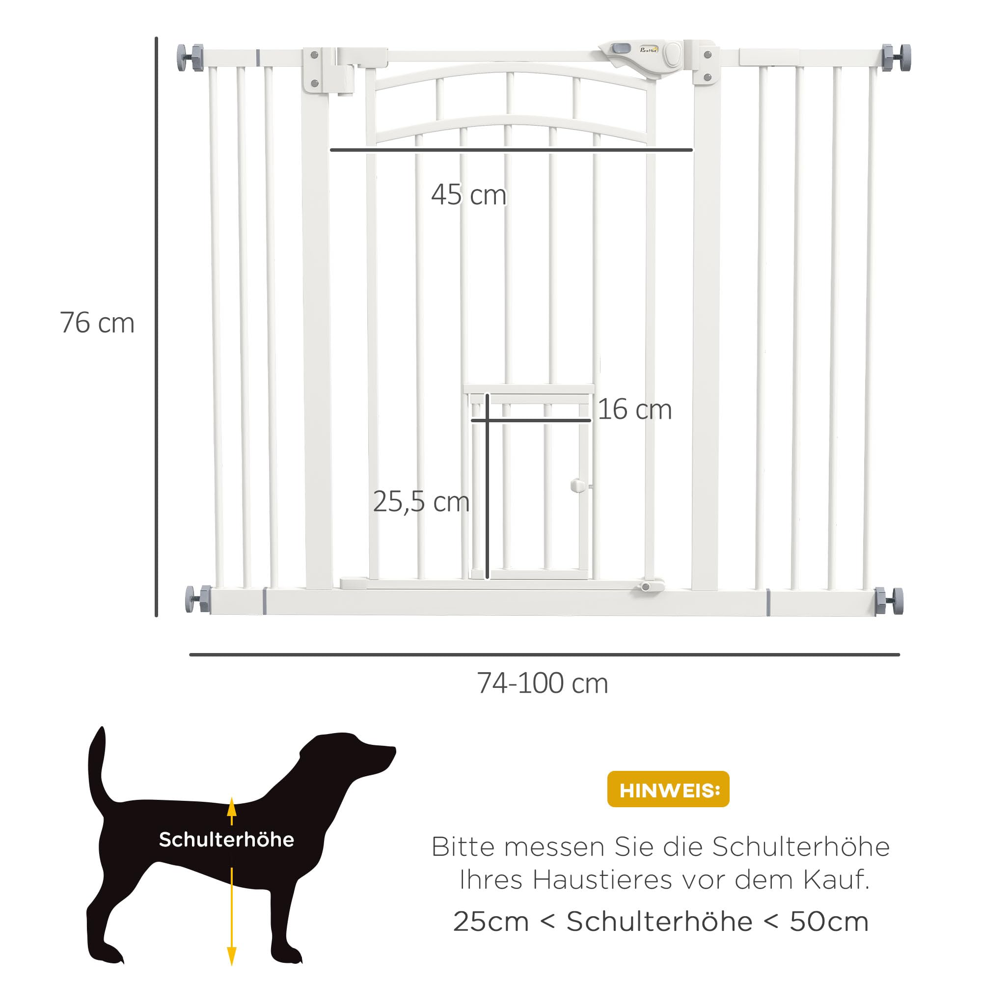 PawHut Türschutzgitter Treppenschutzgitter mit 7/14 cm Verlängerung Türgitter ohne Bohren Treppengitter für Breiten 74-100 cm Einhändiges Öffnen Stahl Weiß