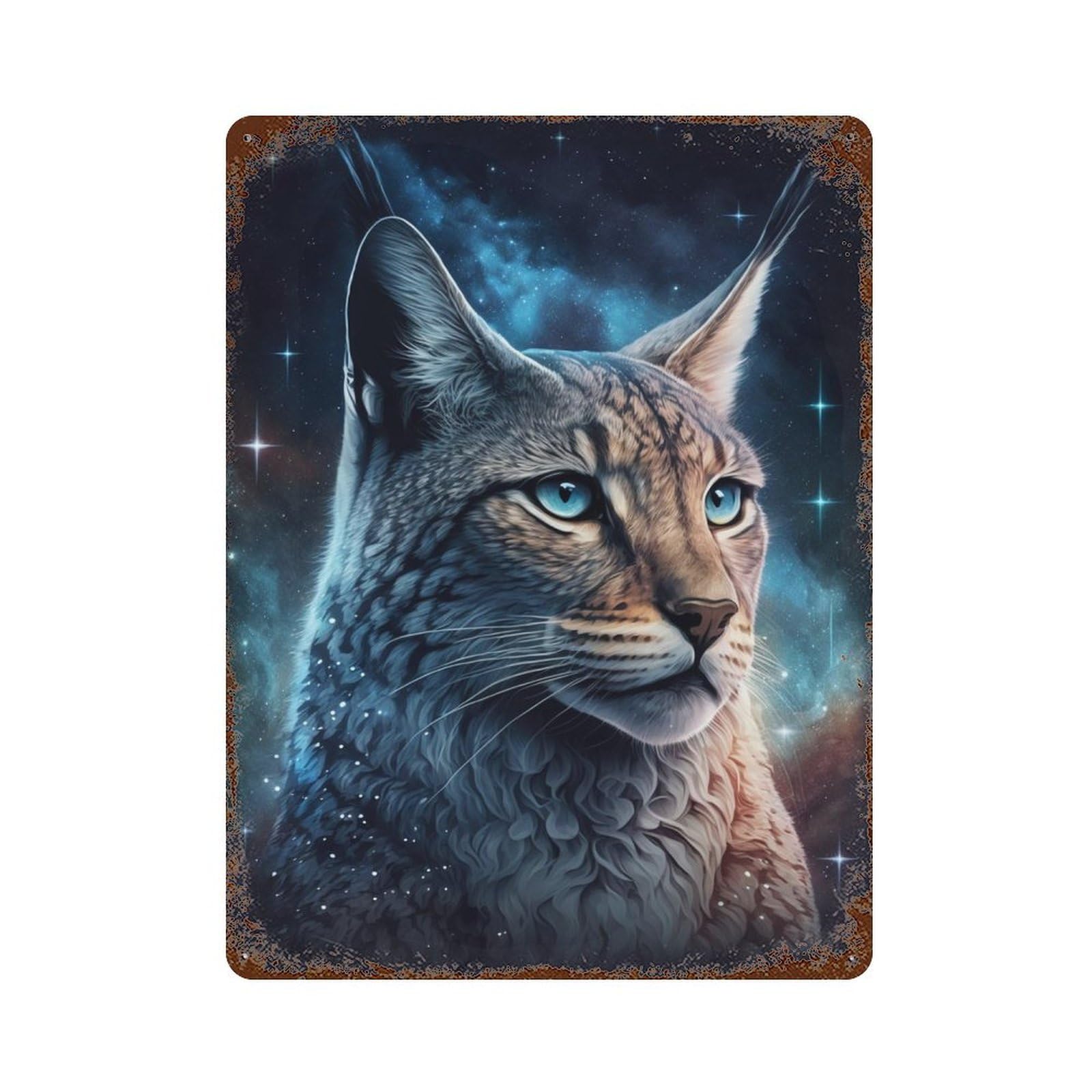 Weathered Tin Sign Galactic Lynx Celestial Feline 15.7"x11.8", Rustic Home Decor for Basement, Hobby Room And Garage Decor