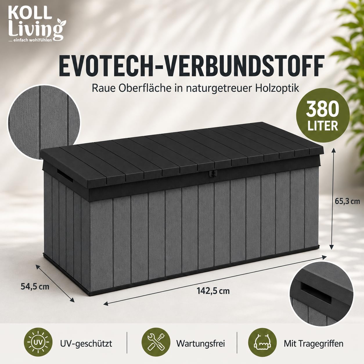 Koll Living Auflagenbox/Kissenbox 380 Liter l 100% Wasserdicht l mit Belüftung dadurch kein übler Geruch/Schimmel l Moderne Holzoptik l Deckel belastbar bis 300 KG (2 Personen)