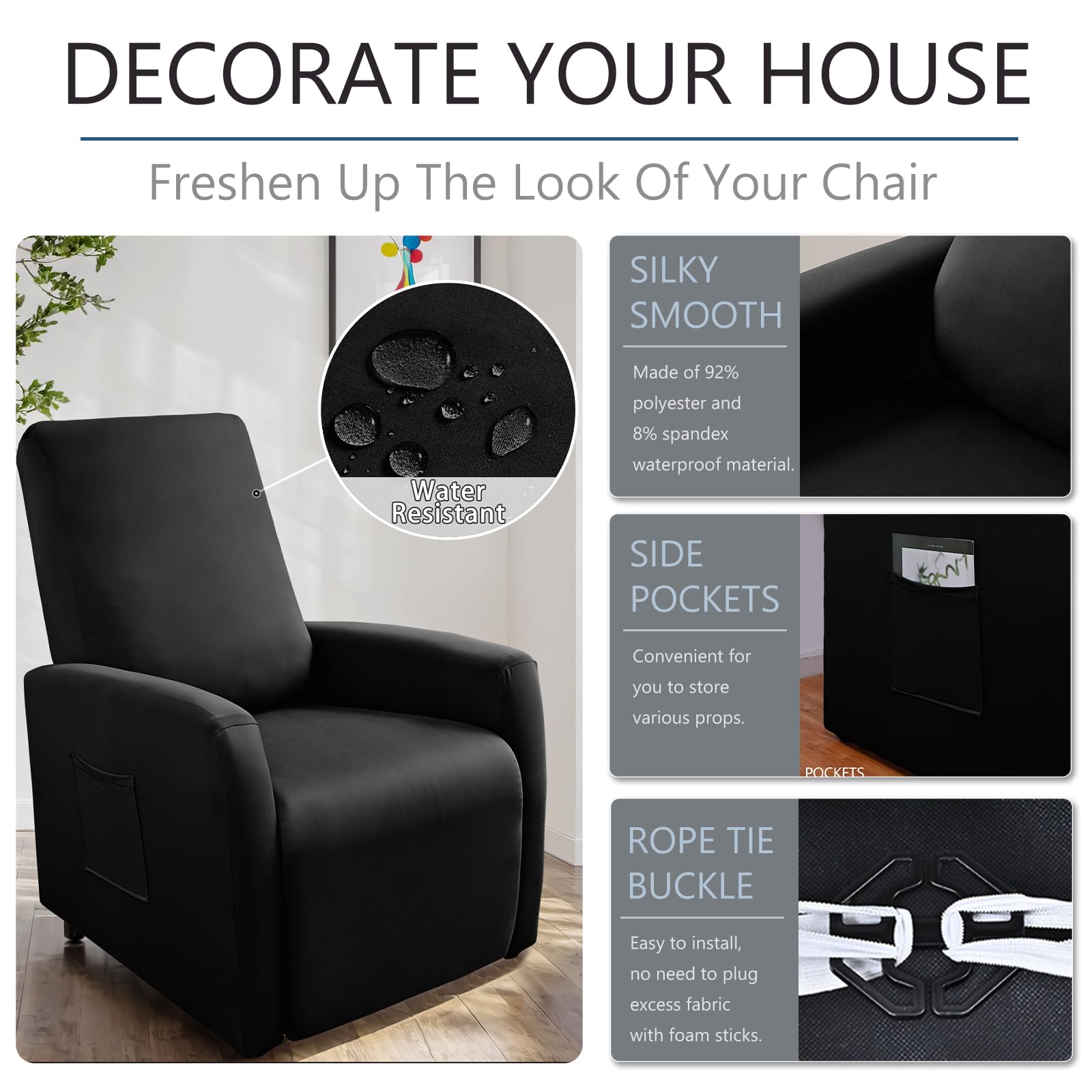 Générique Housse de Fauteuil Relax Imperméable Extensible, 4 pièces Couleur Unie Housse de Canapé Antidérapante avec Poche Latérale, Protege de Meubles Lavable pour Fauteuil Inclinable-Black