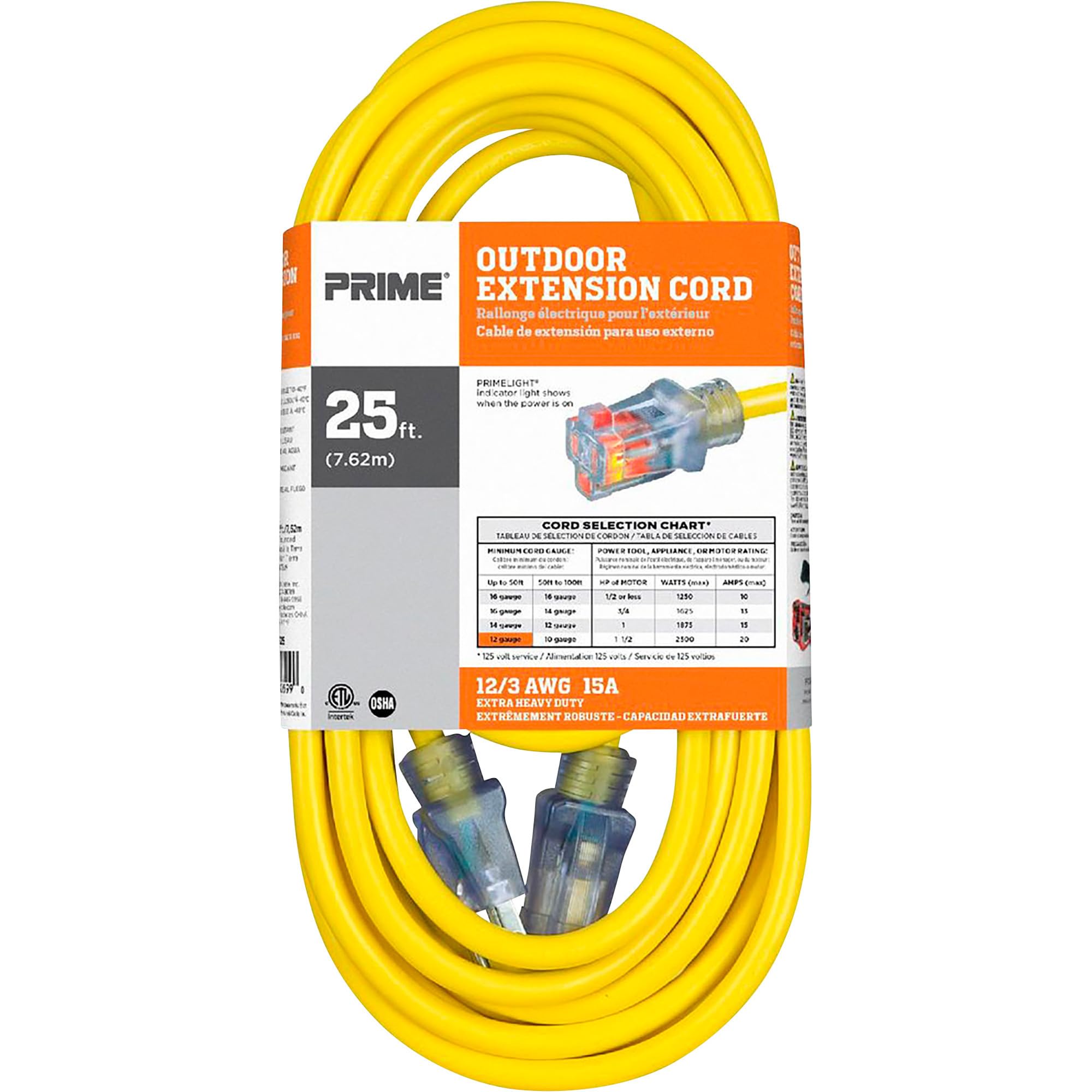 Prime EC511825 25ft. 12/3 SJTW Yellow Jobsite Extension Cord w