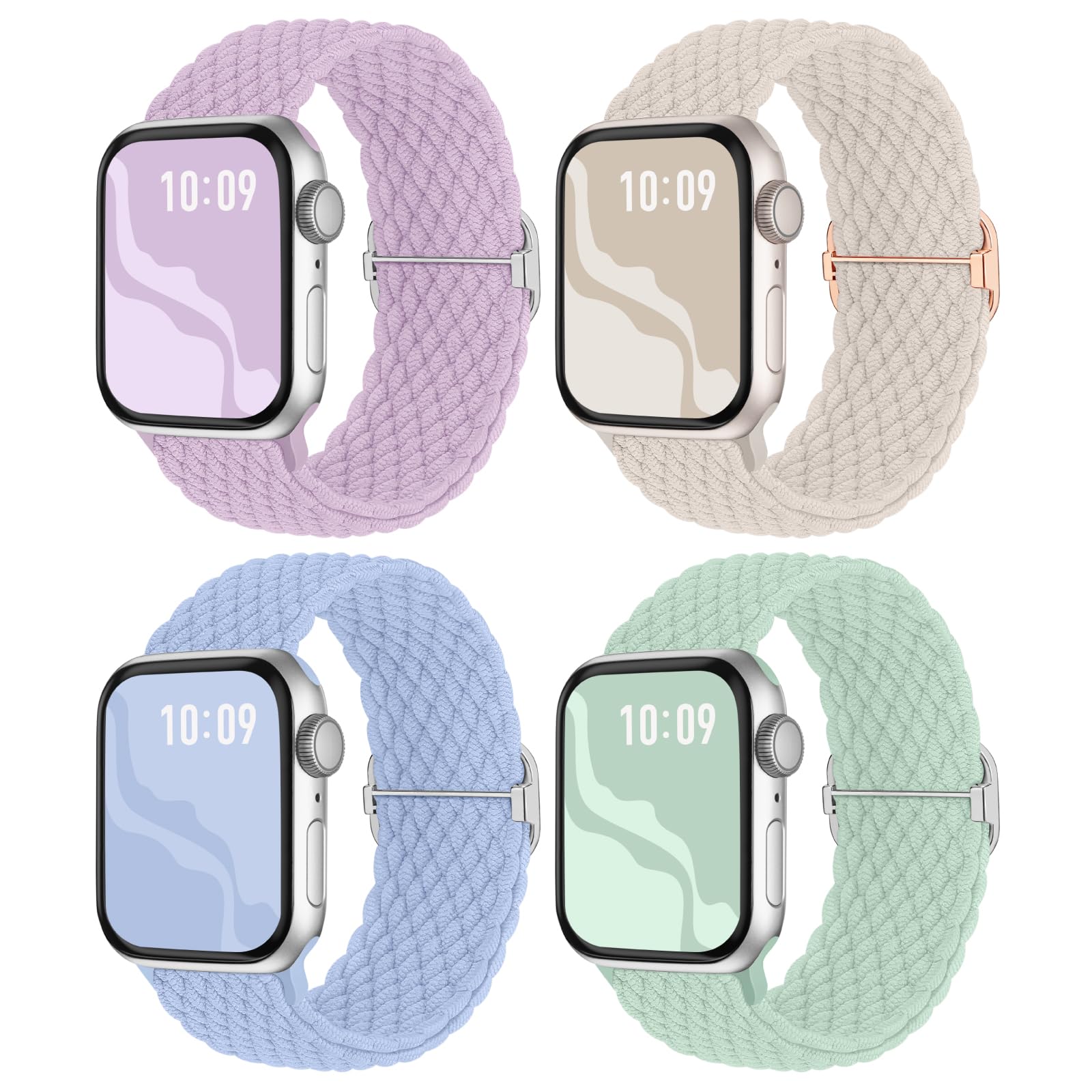 4 Pack Braided Stretchy Bands Compatible with Apple Watch 40mm 41mm 38mm 42mm 44mm 45mm 46mm 49mm Women Men, Breathable Nylon Elastic Daily Use Straps for iWatch Series 11/10 9 8 7 6 5 4 3 SE/Ultra 2