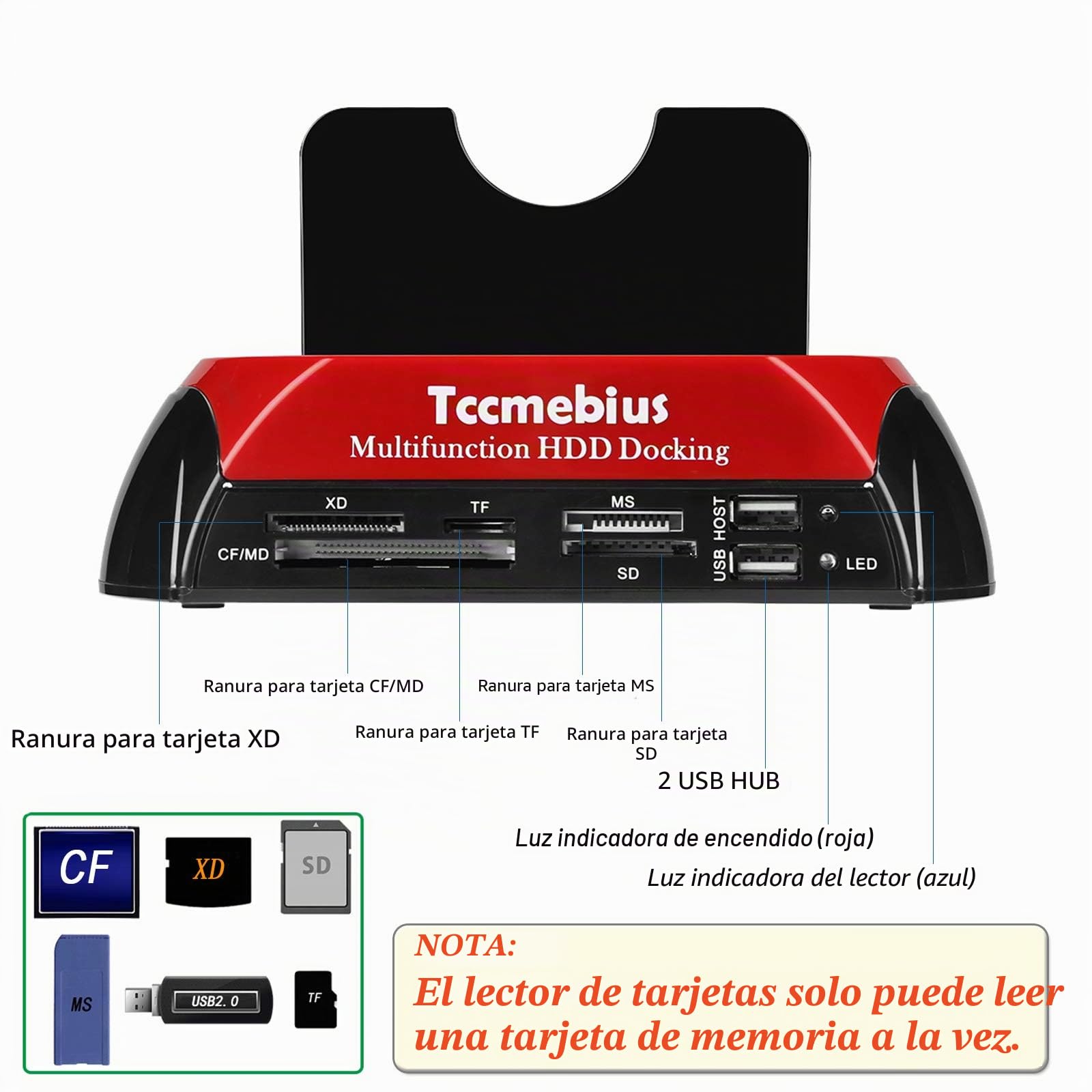 TCC-S862-DE USB 2.0 a IDE SATA Bahía Dual HDD Disco Duro Estación de Acoplamiento con Lector de Tarjetas y Hub USB 2.0 para 2.5 3.5 Pulgadas IDE SATA I / II / III HDD SSD