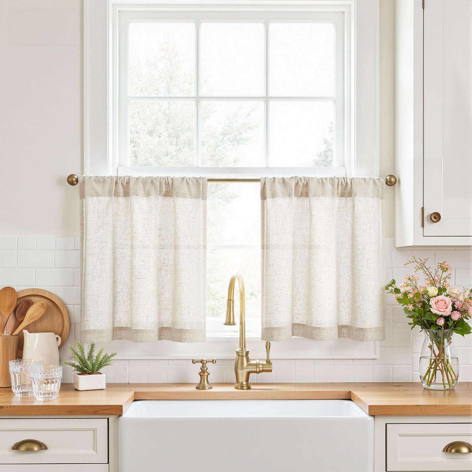 Photo 1 of jinchan Rustic Linen Rod Pocket Tier Curtains, 26x20, 2 Panels, Natural