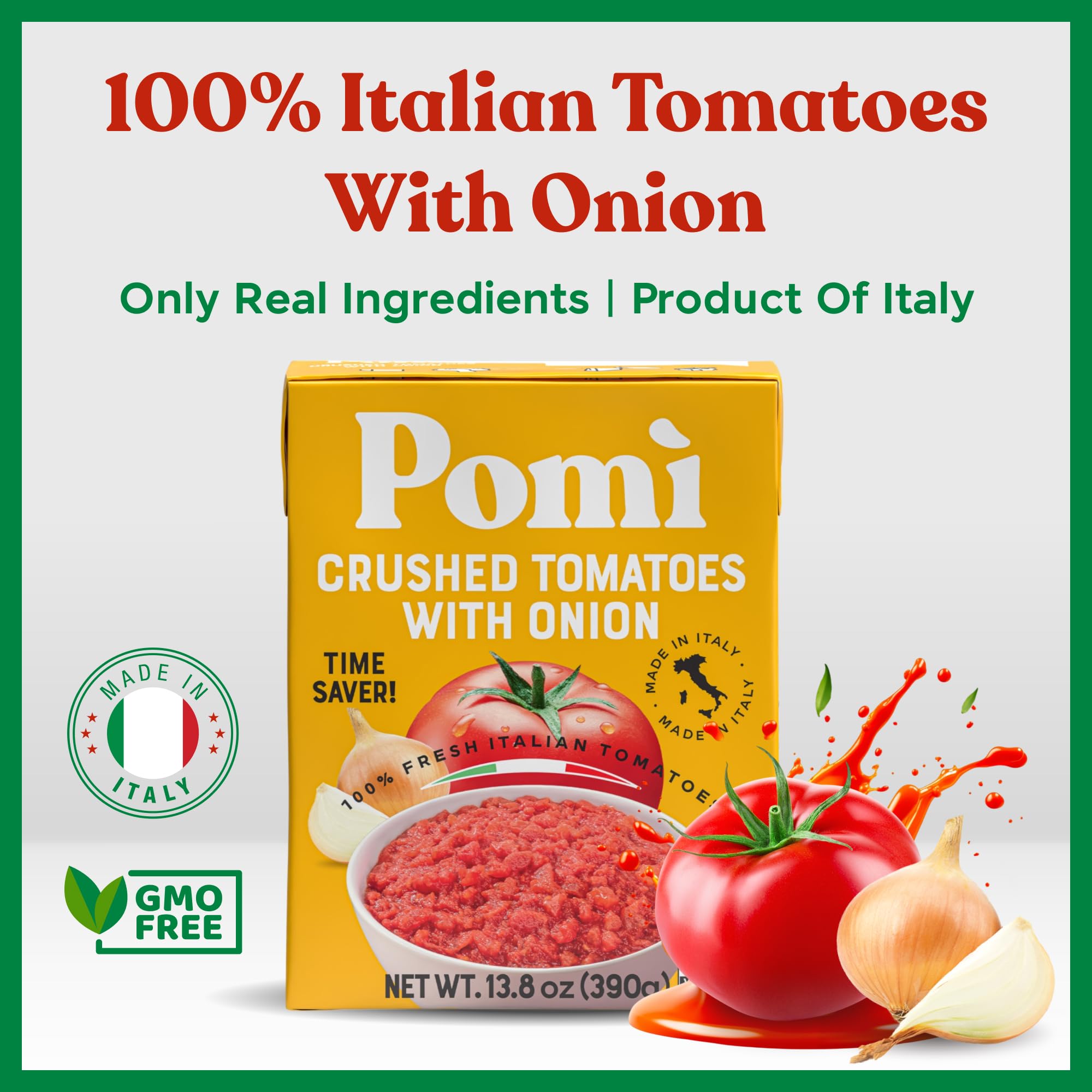 Pomì Crushed Tomatoes with Onion 13.8oz (Pack of 12) - Creamy, Velvety Italian Tomato Sauce No Salt Added, No Additives or Preservatives - BPA free Tomato Crushed - Made from 100% Fresh Italian Tomatoes