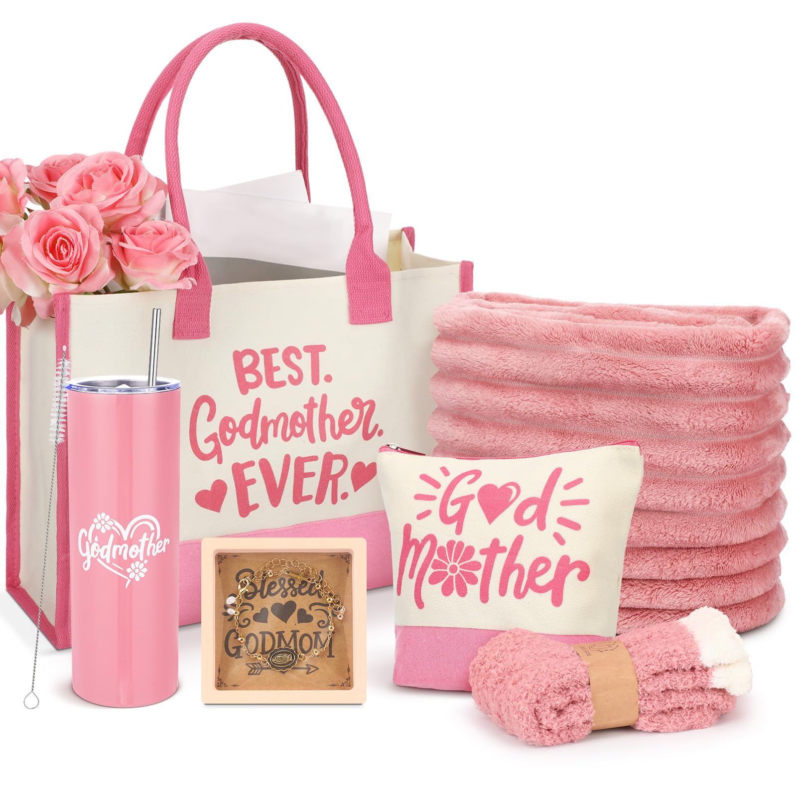 Geiserailie 6 Pcs Godmother Proposal Gift Set Will You Be My Godmother Gift Idea God Mother Gifts for Women Stainless Steel Tumbler Godmom Bag Makeup Bag Blanket Bracelet Socks(Pink)
