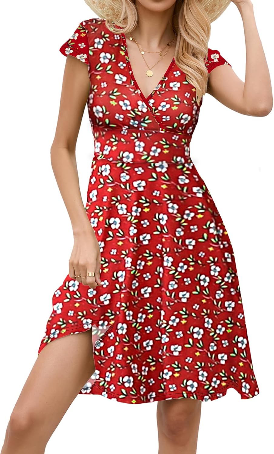 Zeagoo A-lijn jurk voor dames, V-hals, zomerjurk, elegante bloemenjurk, korte mouwen, vrijetijdsjurk, jerseyjurk, knielang, swing, stretchy jurken, A Zwart, L