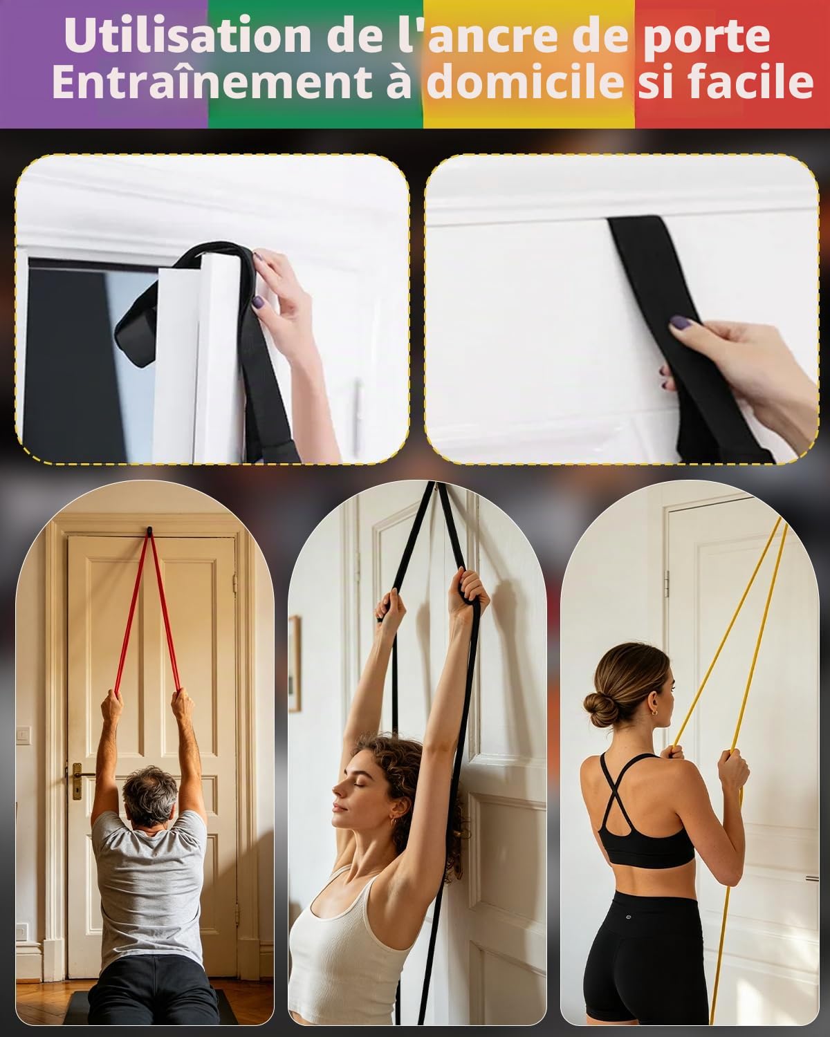 Bandes de fitness avec 5 niveaux, bandes de résistance avec ancrage de porte, bande élastique de fitness avec 5 niveaux de résistance, bande de gymnastique pour musculation, pilates, yoga