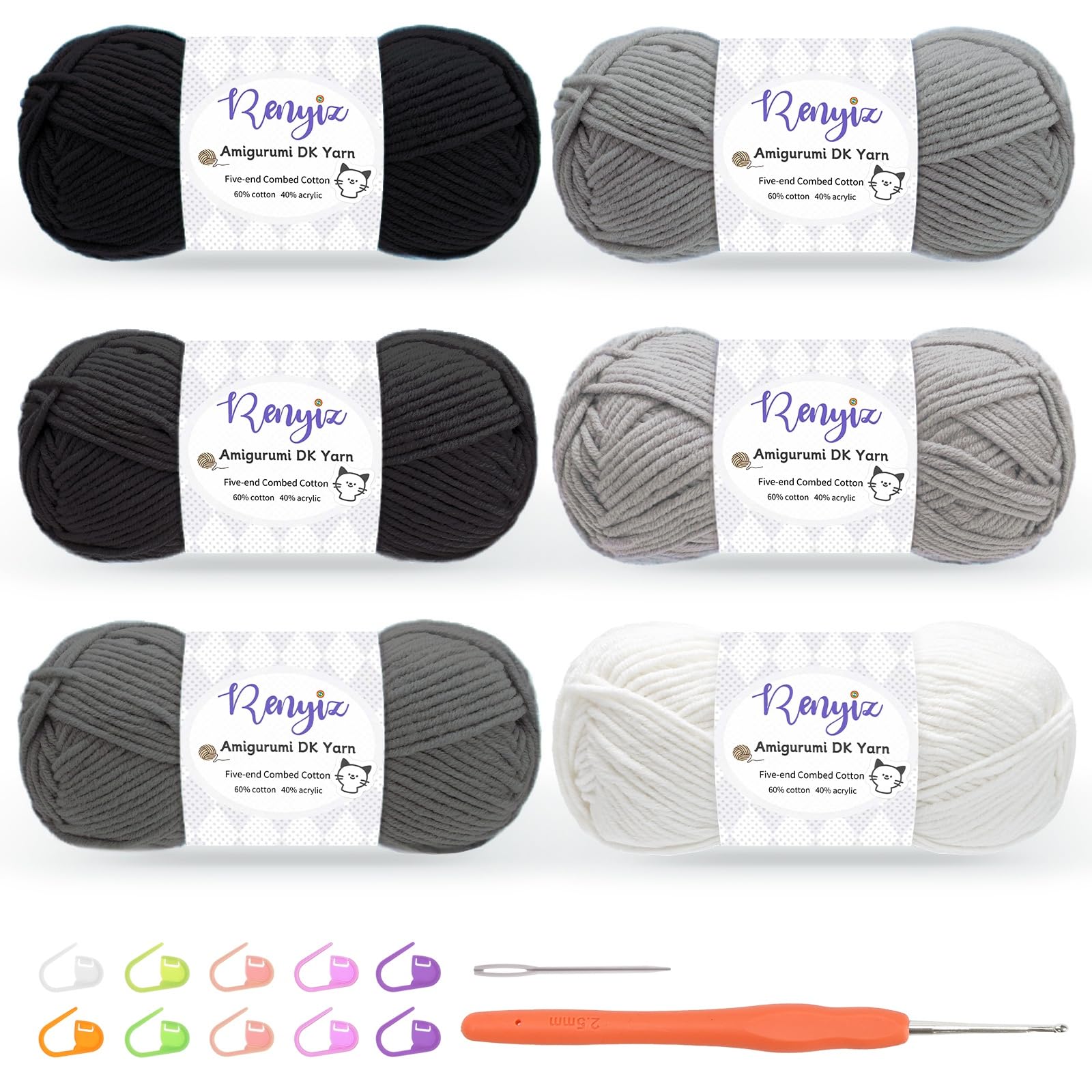 Renyiz Crochet Yarn, 6 x 50g Cotton Yarn (60% Cotton & 40% Acrylic) DK Wool for Crochet with 2.5mm Hook & Accessories, Suitable for Baby Wool Crafts & Knitting Black — image 1
