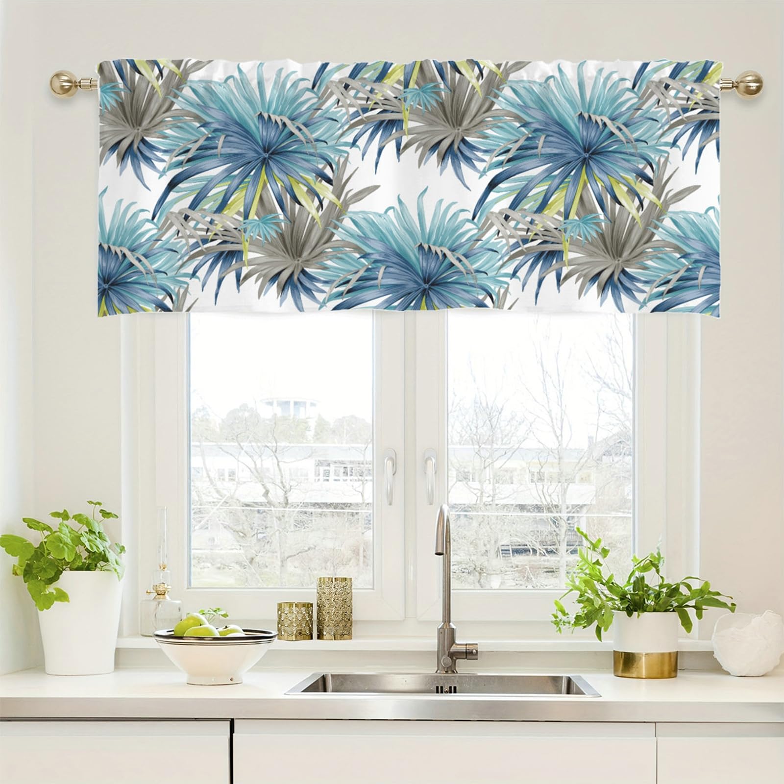Visillo bohemio azul de poliéster para barra en formato compacto de 137 x 45 cm