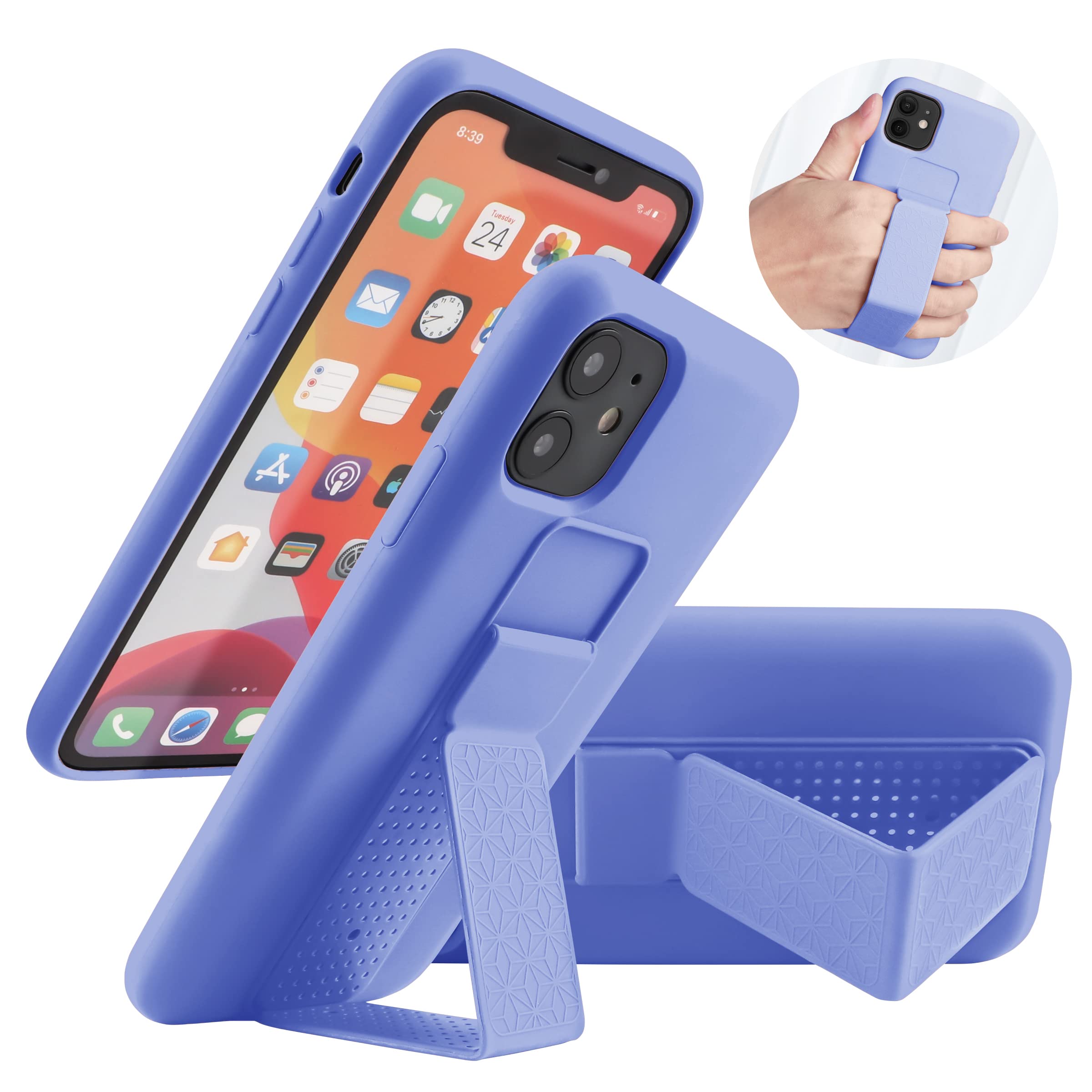 LAUDTEC Silicone Kickstand Case Compatible with iPhone 11, Vertical and Horizontal Stand Hand Strap Metal Kickstand Cover, Flexible Soft Liquid