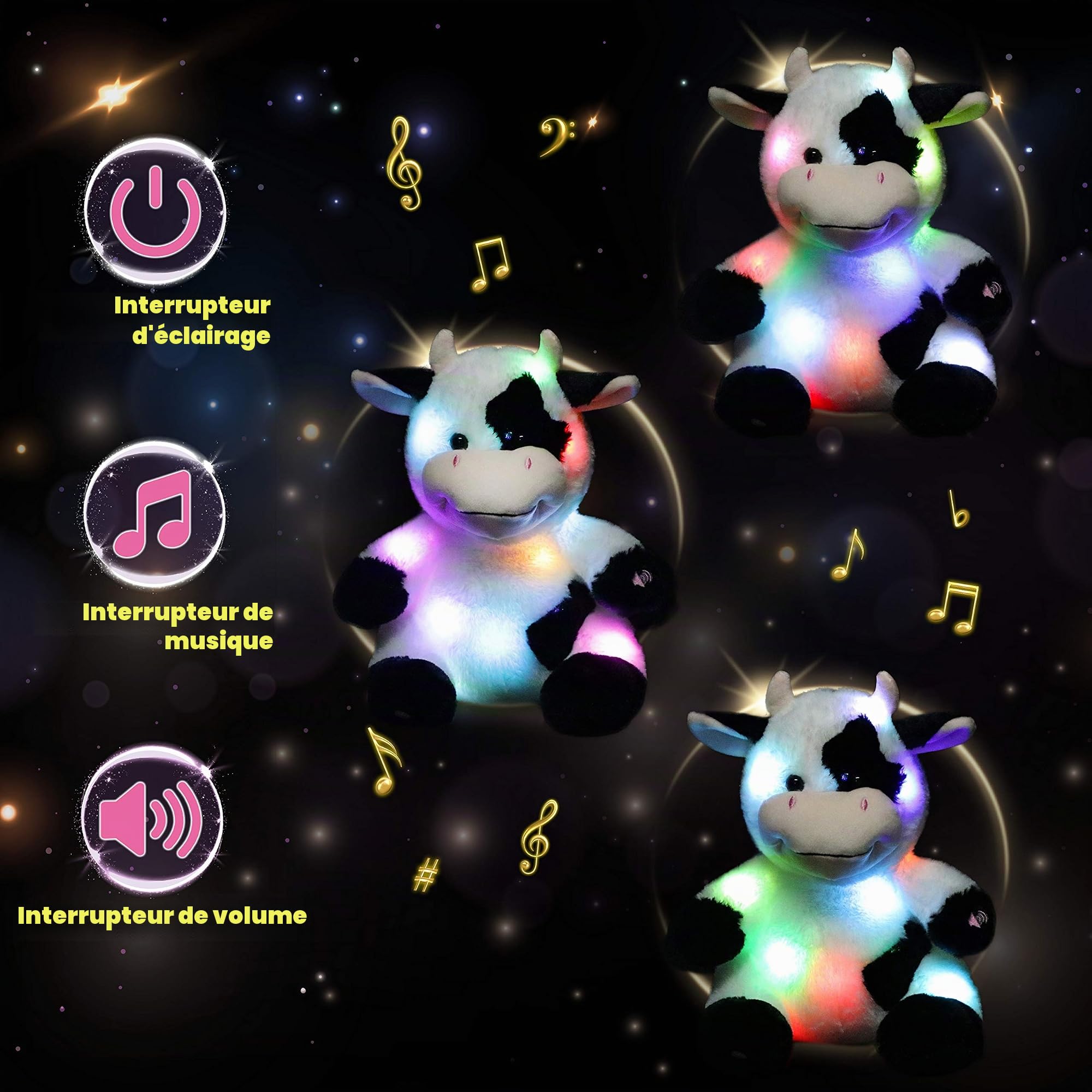Hopearl Vache Musicale Peluche Lumineuse LED Qui Chante Volume Réglable, Veilleuse Animée Apaisante - Cadeau Anniversaire Fête pour Enfants Filles, 33cm