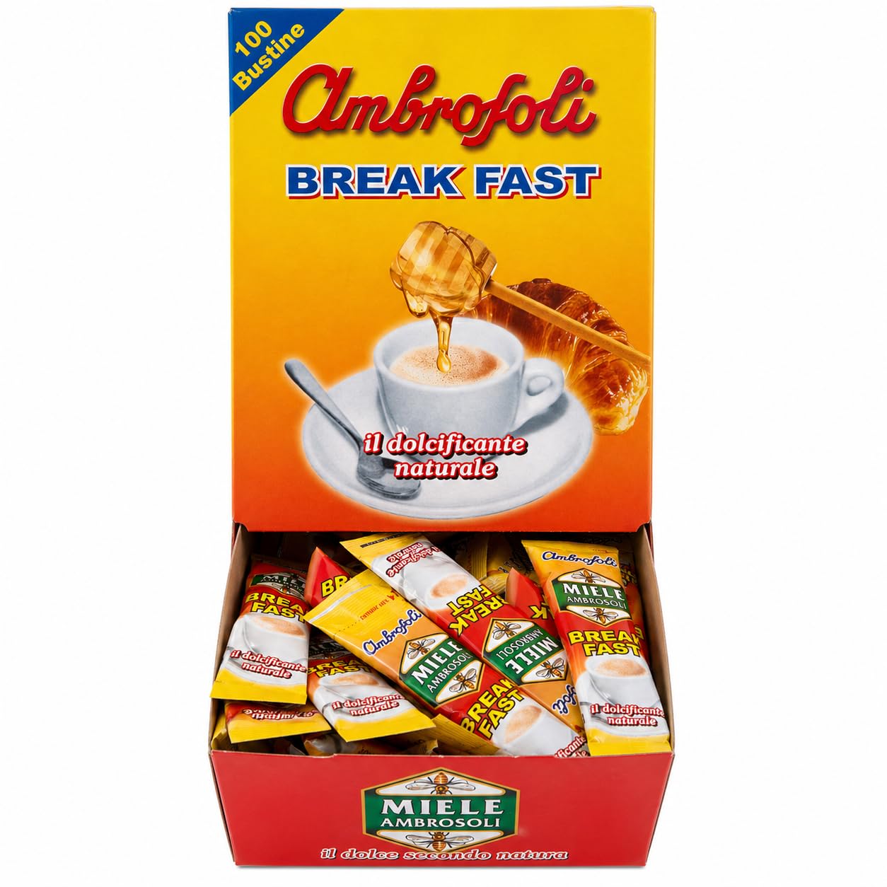 Ambrosoli Break Fast Miele in Bustine Monodose 100 x 16g (1,6 kg) – Dolcificante Naturale per Caffè, Tè e Colazione – Formato Espositore