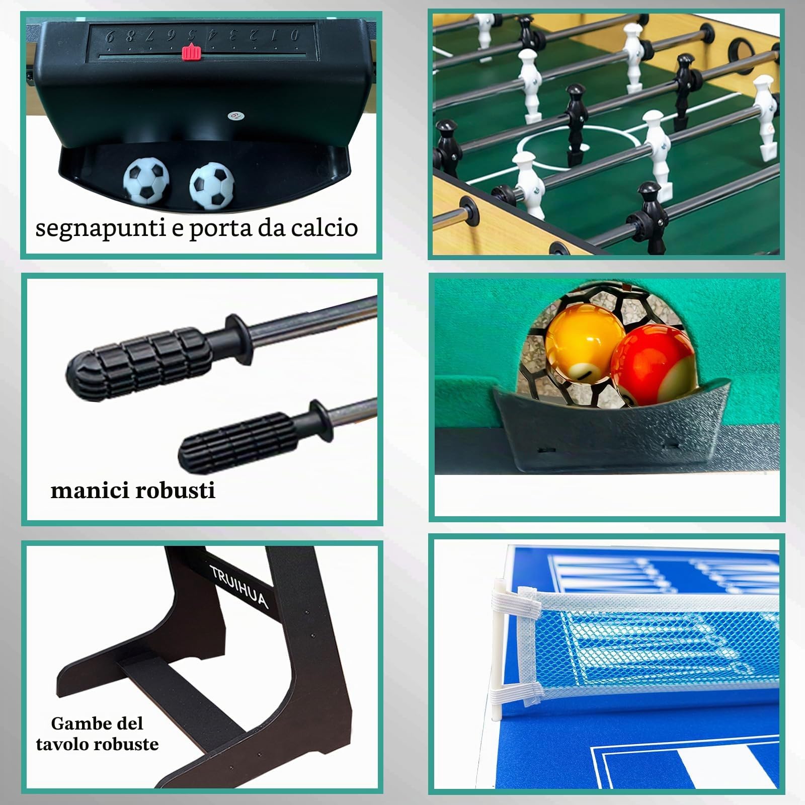 Tavolo da Gioco Multifunzione 12 in 1 Pieghevole con Calcio Balilla, Biliardo, Ping-Pong, Hockey, Shuffleboard, Bowling, Scacchi, Dama, Backgammon e Poker, Completo di Tutti Gli Accessori