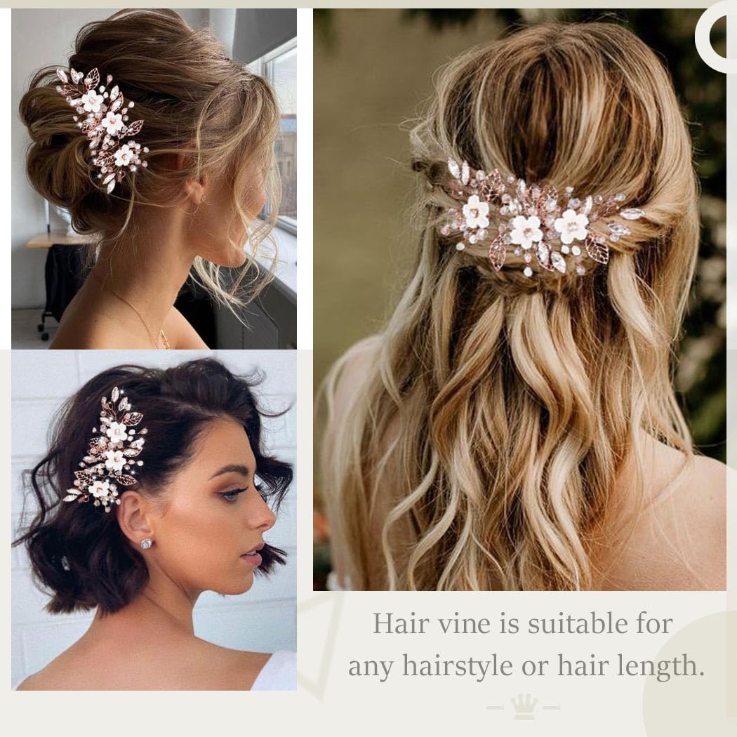Unicra Silver Flower Bride Wedding Hair Vine Leaf Bridal Hair Piece Rhinestone Hair Accessories Beaded Headpieces Jewelry for Women and Girls (Rose Gold) - Image 3