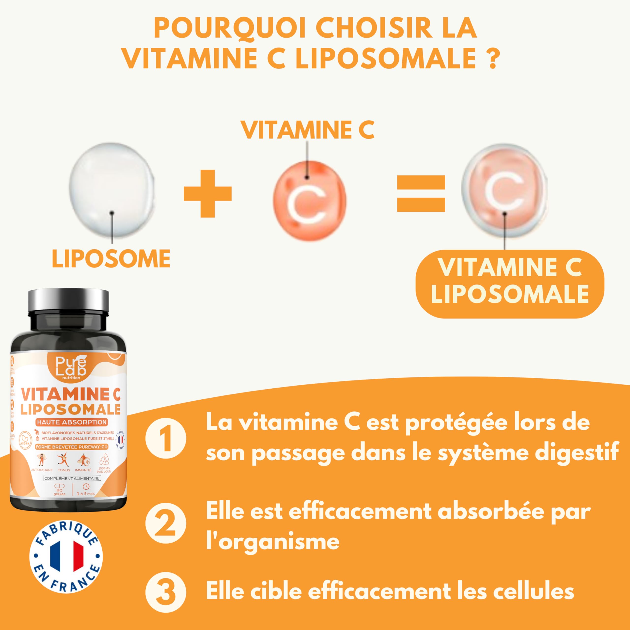 Vitamine C Liposomale 1000mg - Haute Absorption - Immunité, Antioxydant, Tonus - Formule Brevetée PureWay™ - Sans Lactose, Sans Gluten - Fabriqué en France - 90 gélules, Cure de 1 à 3 mois