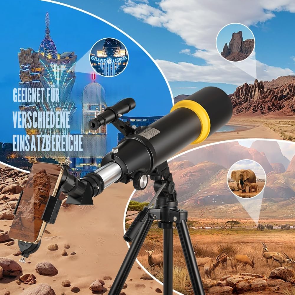 Teleskop für Erwachsene, 90 mm Blende, 600 mm Refraktor-Teleskop für Kinder und Anfänger, Teleskope für Erwachsene, Astronomie mit Handtasche und Handy-Adapter