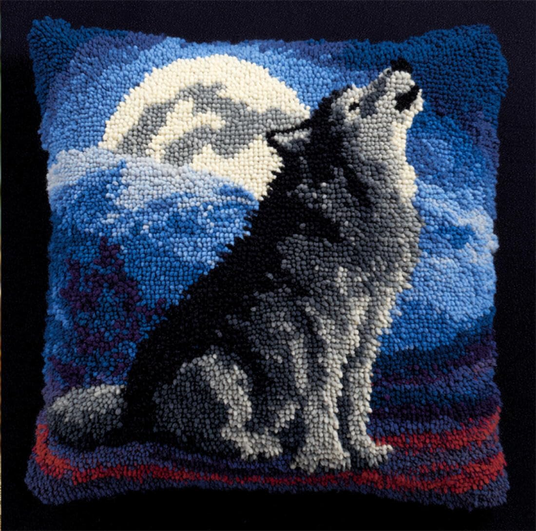 Animal Cushion Making Kit Wolves and The Moon DIY Latch Hook Kit Cushion Home Decor Embroidered Pillow Kits,Beginner Adult Embroidery Set 17x17In