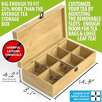 Bamboo Tea Organizer Box Chemical Free Eco-Friendly Big, Tall, Adjustable Cubbies Natural Wooden Storage Chest (8-Slot 14.3 x 8.1 x 4.2 Blank)