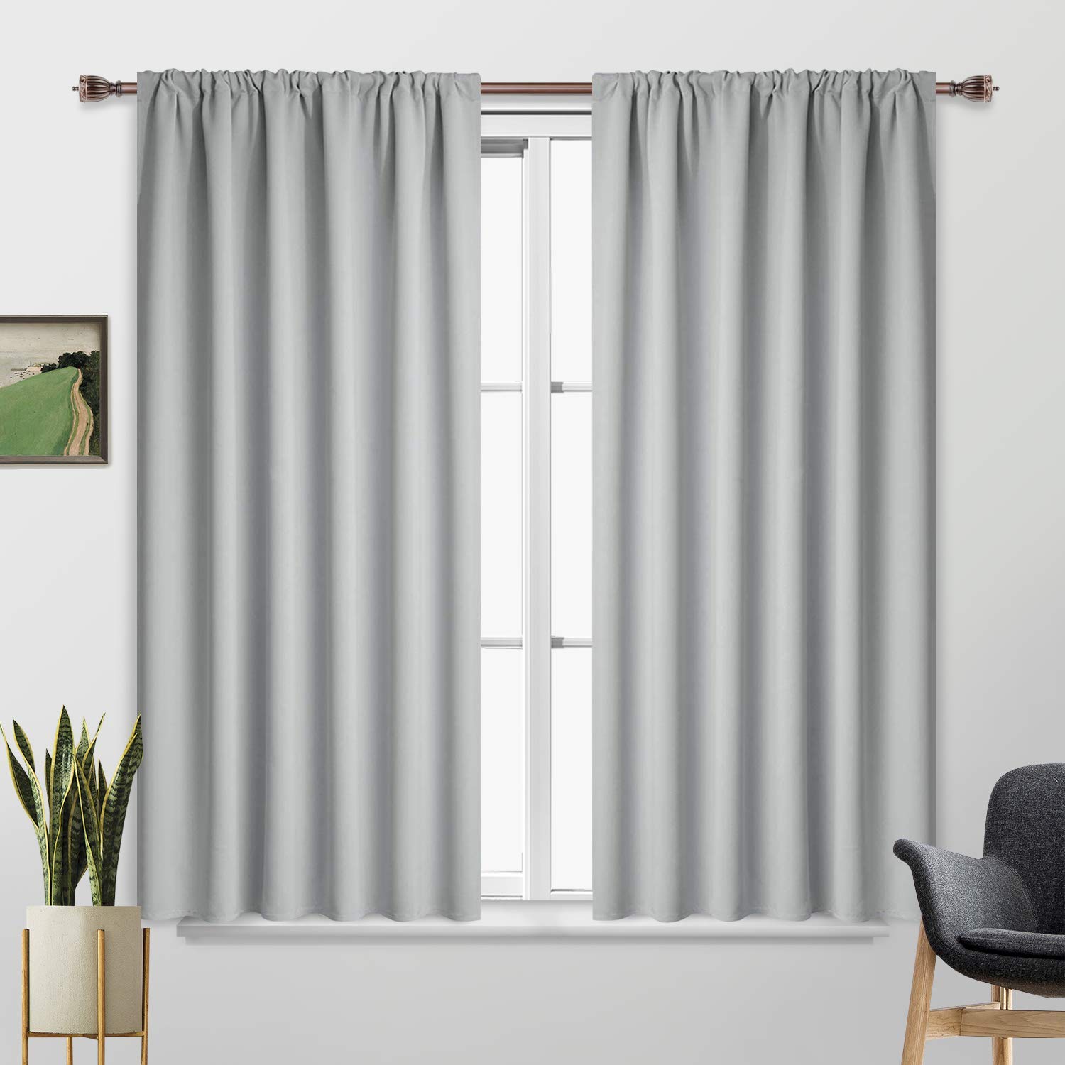 Yakamok Rod Pocket Blackout Curtains Room Darkening Thermal Insulated Window Panels for Bedroom Width 52 Inch by Length 54 Inch, Grey, Two Curtain Panels