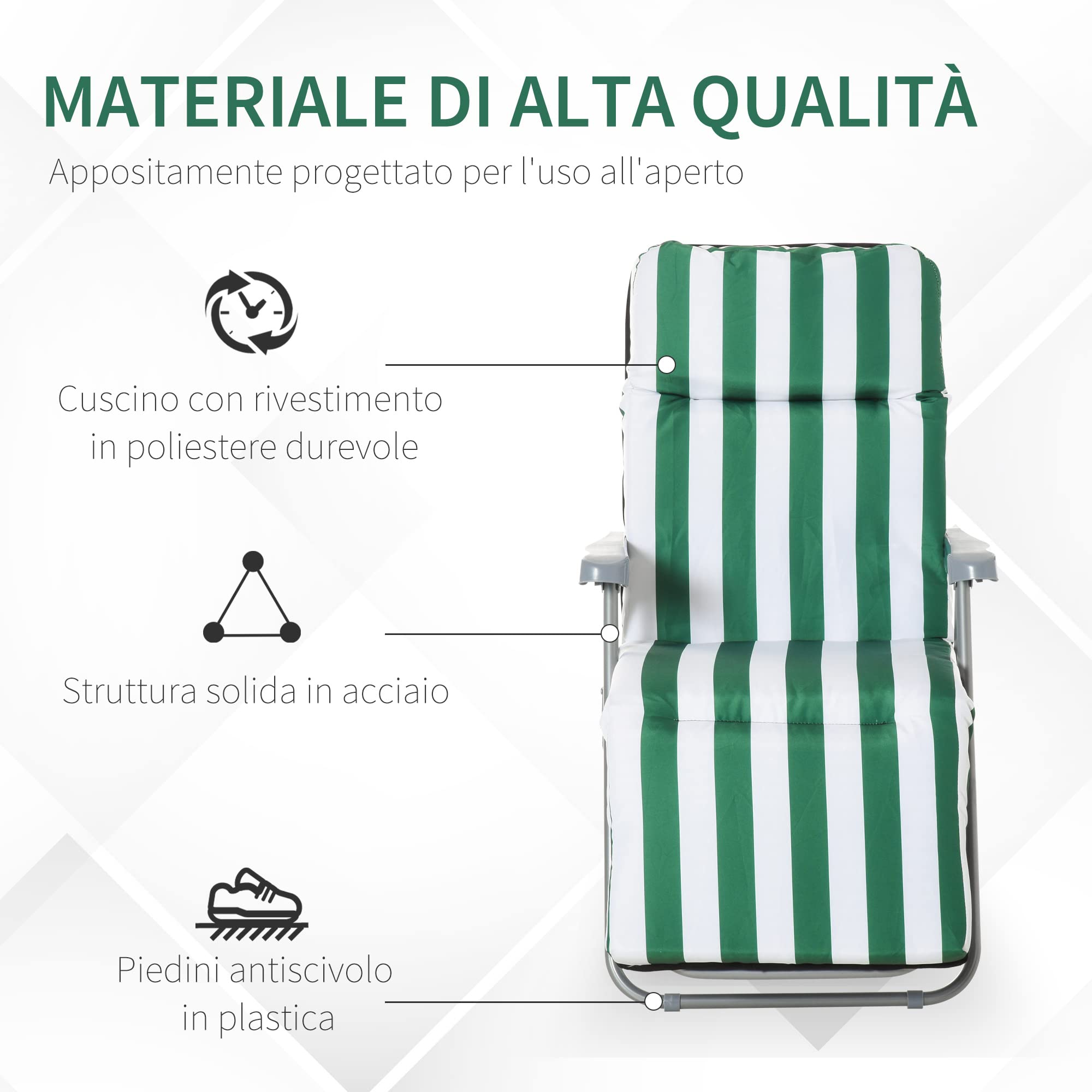 Outsunny Sedia Sdraio da Spiaggia da 2 Pezzi Pieghevole Verde e Bianco | Lettini Prendisole, Sdraio da Giardino, Reclinabile, con Cuscino Imbottito