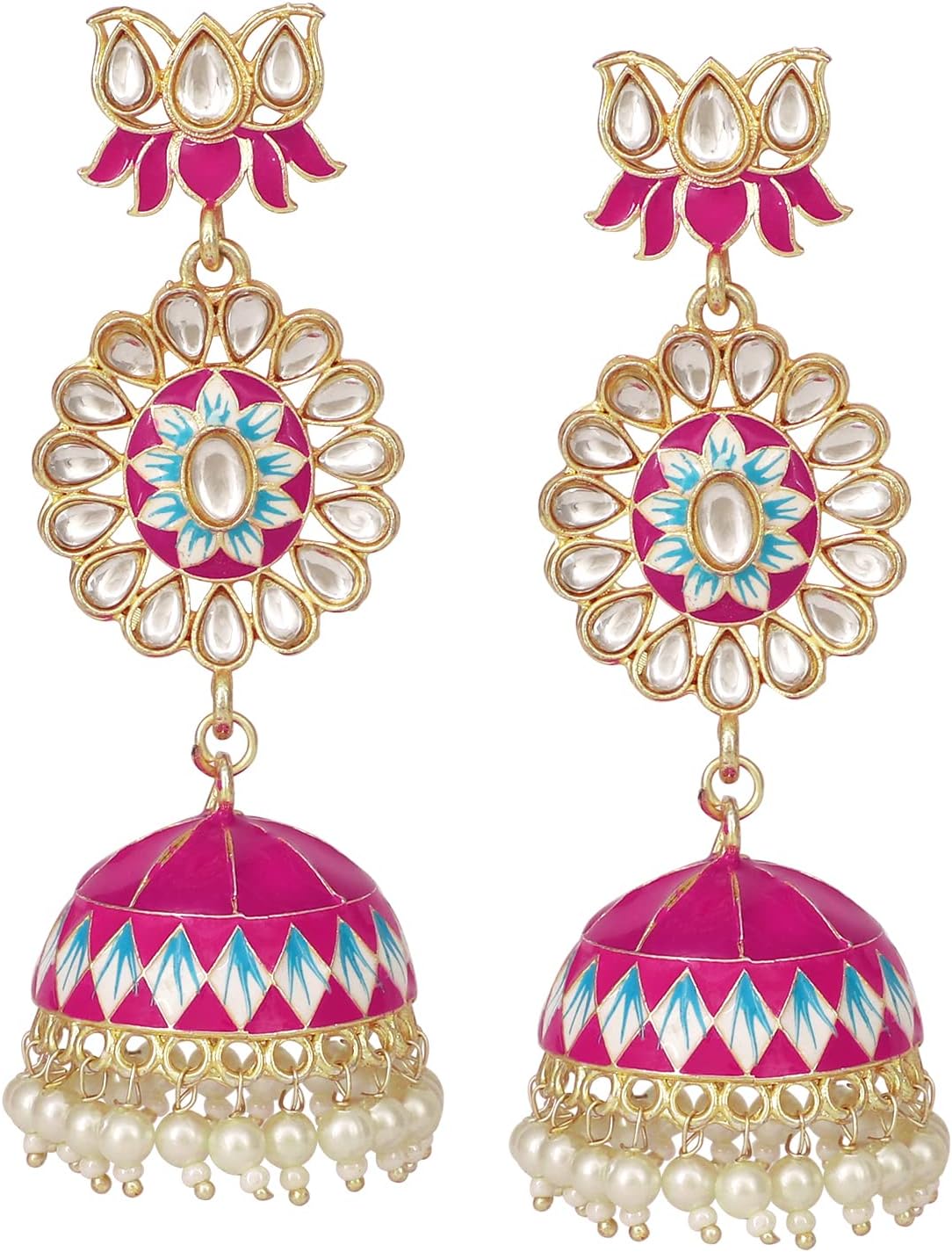 Dhiraa Pearl Pink Meenakari and Kundan Jhumki Design Earrings for Women